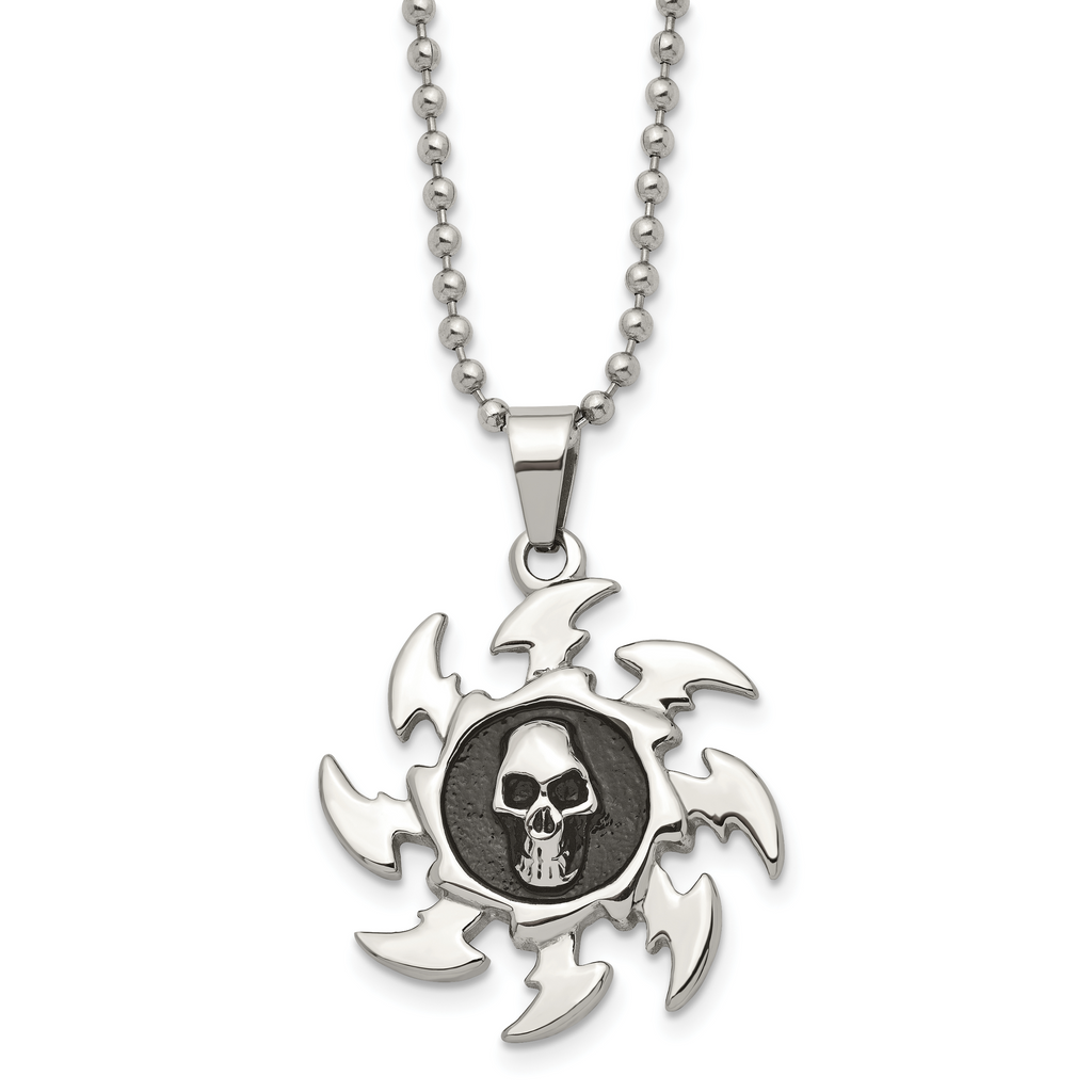 Chisel Stainless Steel Antiqued and Polished Skull on Saw Blade Pendant on a 24 inch Ball Chain Necklace