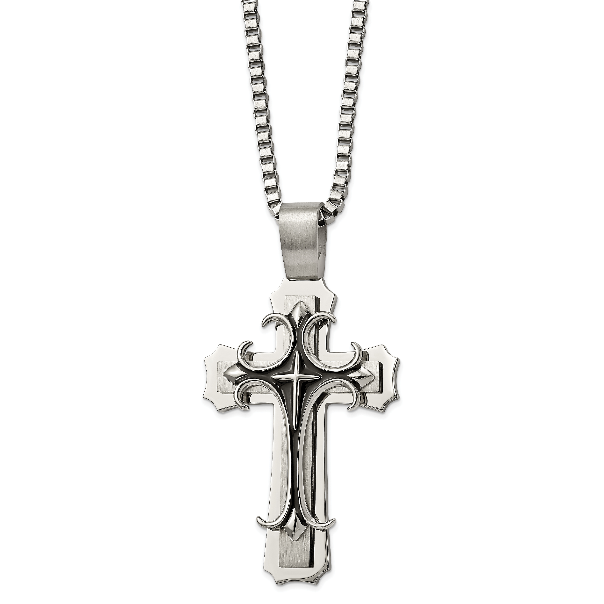 Chisel Stainless Steel Brushed and Polished with Black Enamel Large Cross Pendant on a 24 inch Box Chain Necklace Main image
