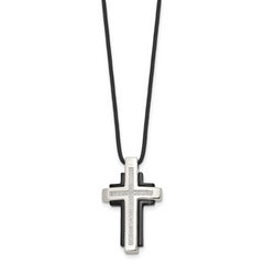 Chisel Stainless Steel Polished Black IP-plated with CZ Cross Pendant on a 18 inch Leather Cord Necklace