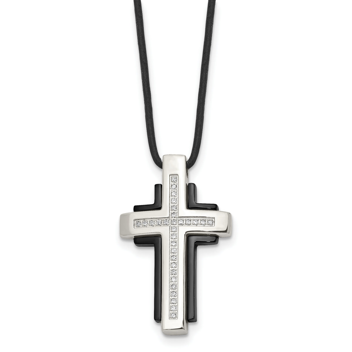 Chisel Stainless Steel Polished Black IP-plated with CZ Cross Pendant on a 18 inch Leather Cord Necklace