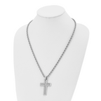 Chisel Stainless Steel Polished with CZ Cross Pendant on a 24 inch Rope Chain Necklace