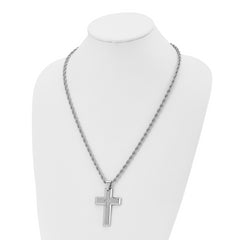 Chisel Stainless Steel Polished with CZ Cross Pendant on a 24 inch Rope Chain Necklace