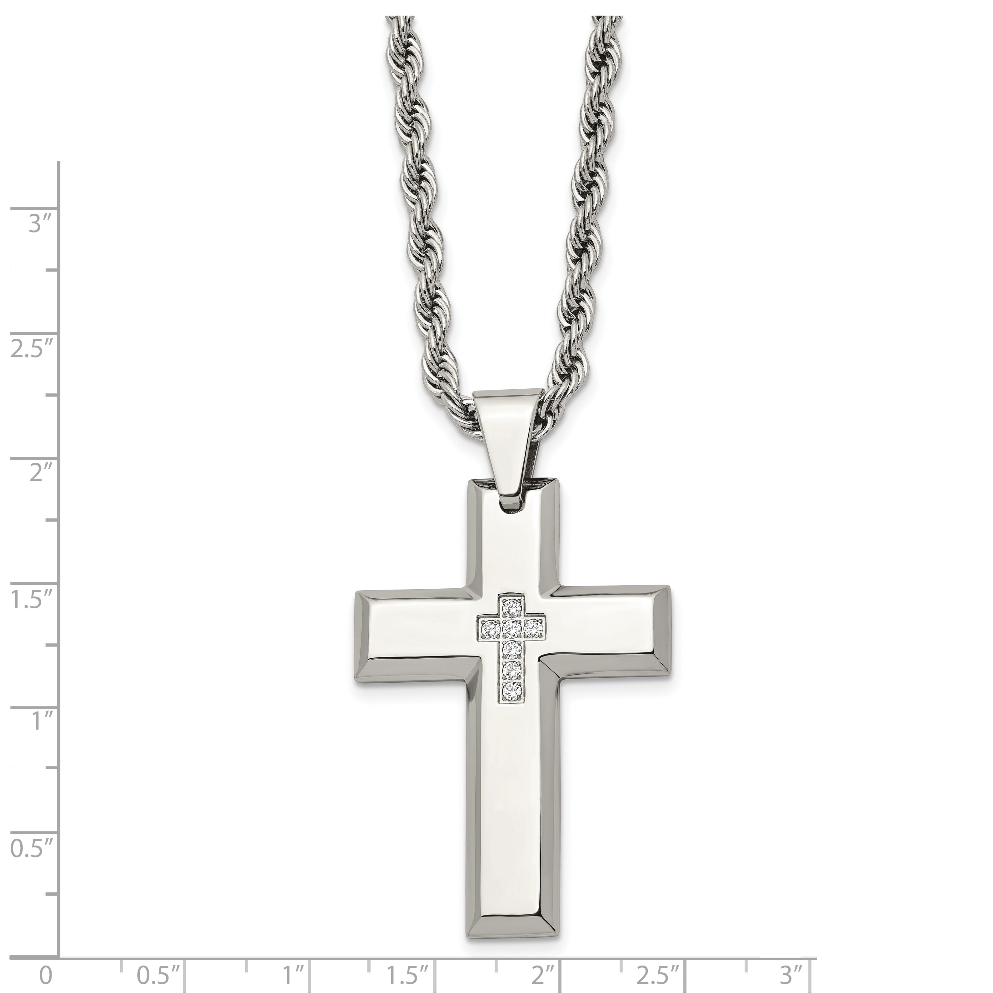 Chisel Stainless Steel Polished with CZ Cross Pendant on a 24 inch Rope Chain Necklace