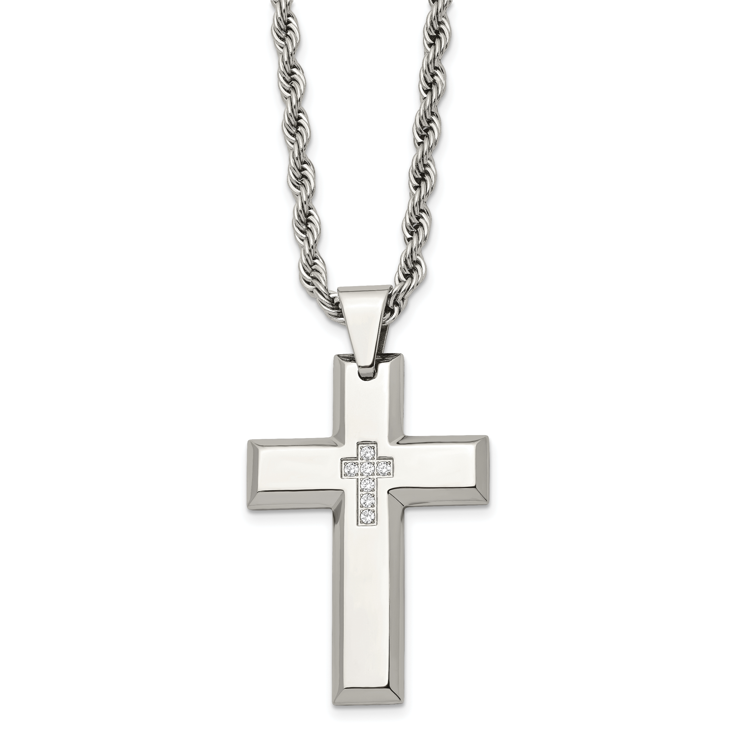 Chisel Stainless Steel Polished with CZ Cross Pendant on a 24 inch Rope Chain Necklace Main image