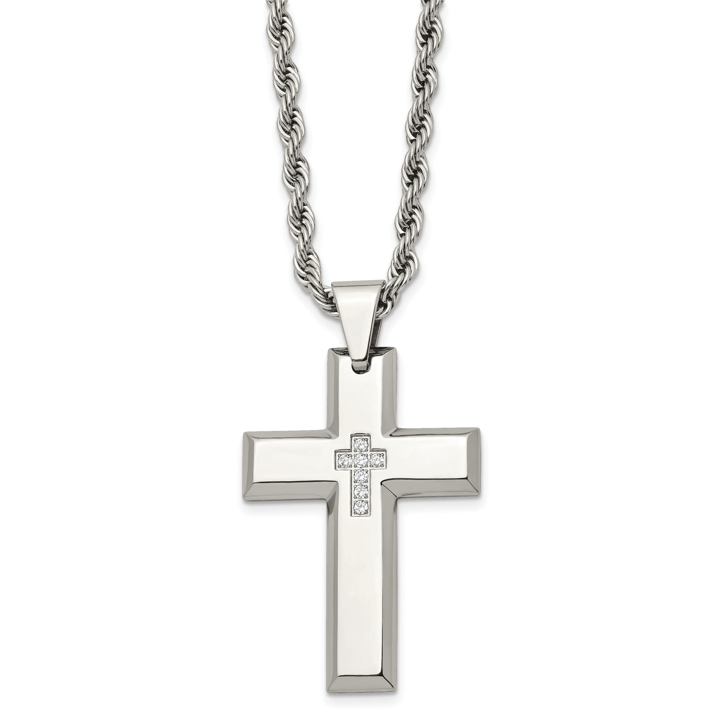 Chisel Stainless Steel Polished with CZ Cross Pendant on a 24 inch Rope Chain Necklace