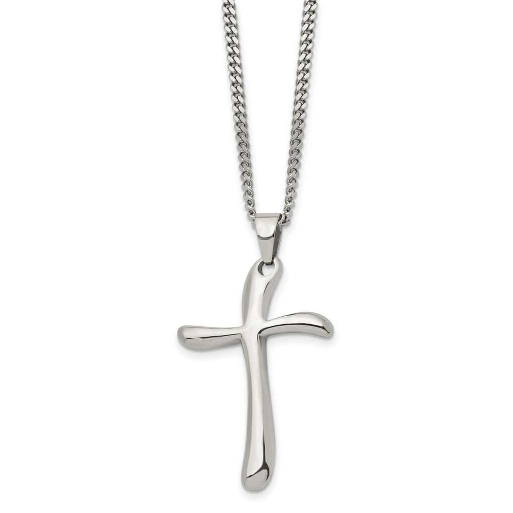 Chisel Stainless Steel Polished Wavy Cross Pendant on a 22 inch Curb Chain Necklace