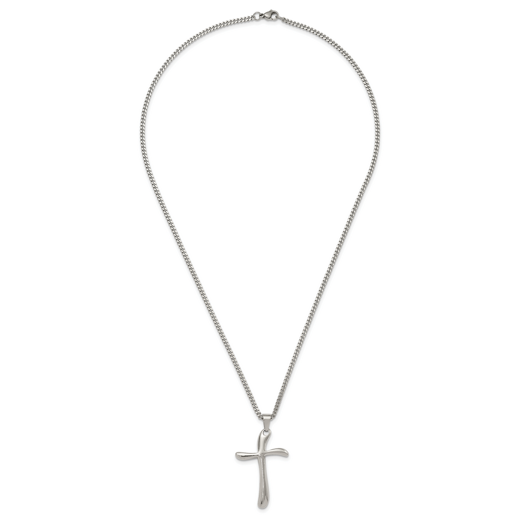 Chisel Stainless Steel Polished Wavy Cross Pendant on a 22 inch Curb Chain Necklace