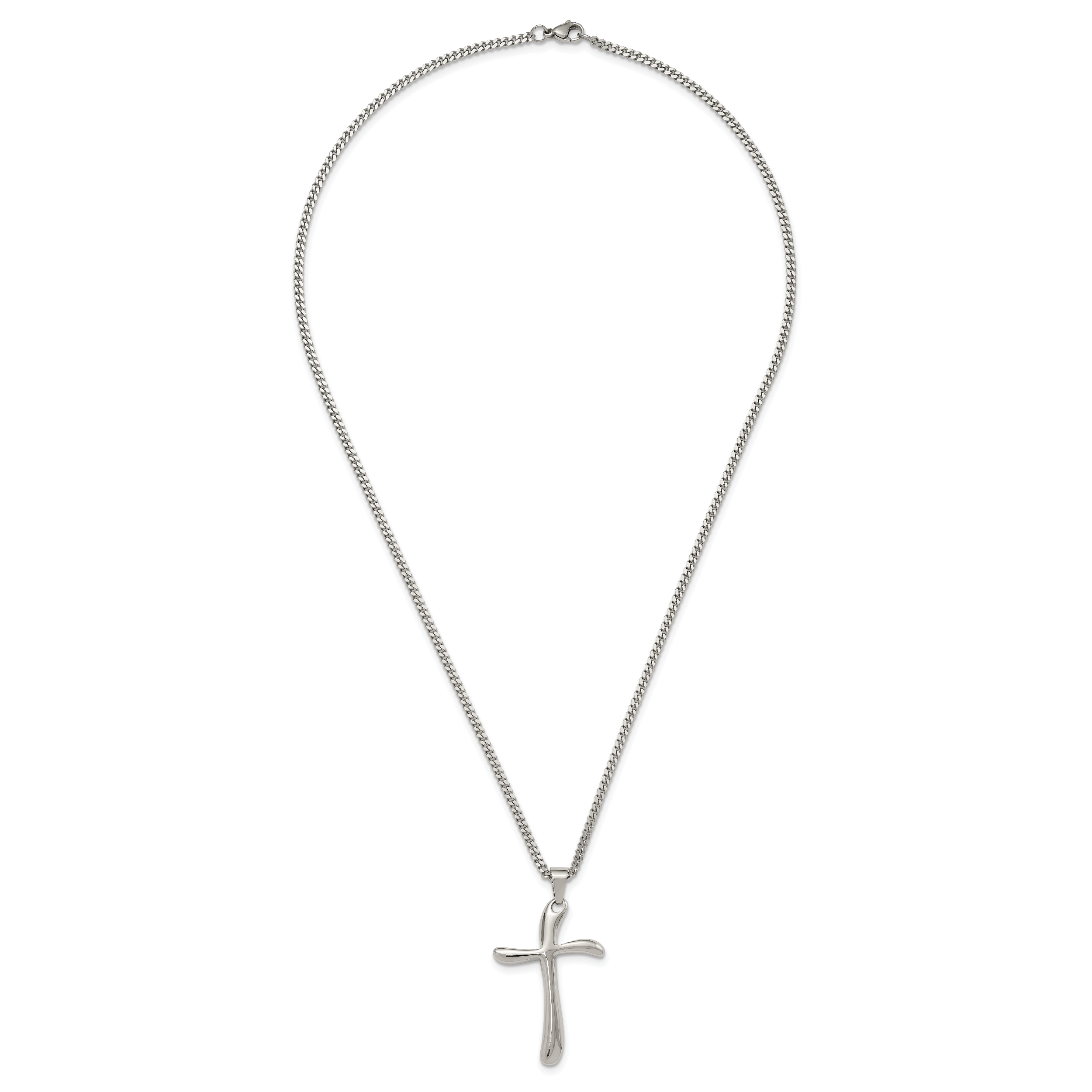 Chisel Stainless Steel Polished Wavy Cross Pendant on a 22 inch Curb Chain Necklace