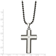 Chisel Stainless Steel Polished Black IP-plated Edges with CZ Cross  Pendant on a 30 inch Ball Chain Necklace