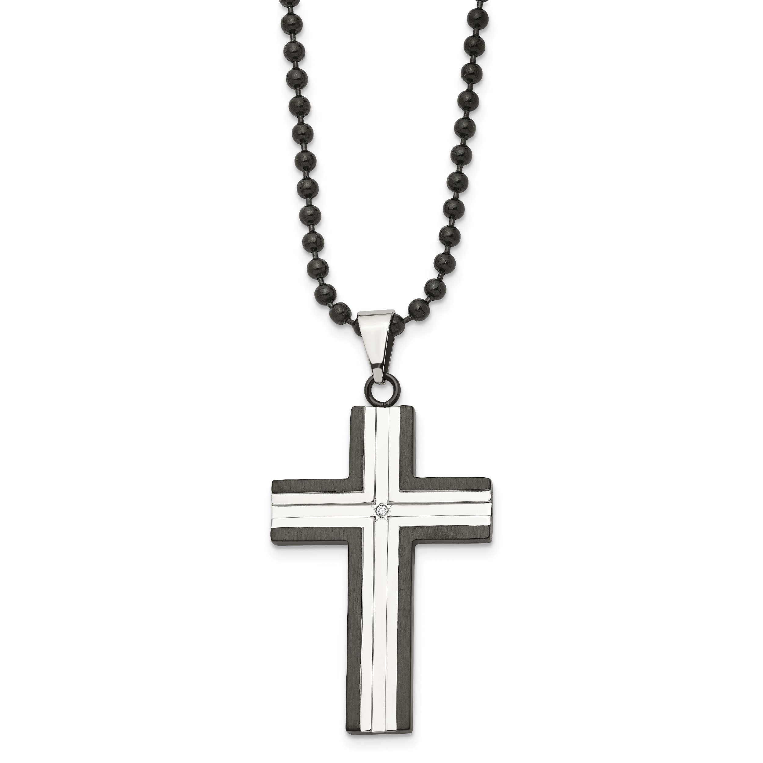 Chisel Stainless Steel Polished Black IP-plated Edges with CZ Cross  Pendant on a 30 inch Ball Chain Necklace