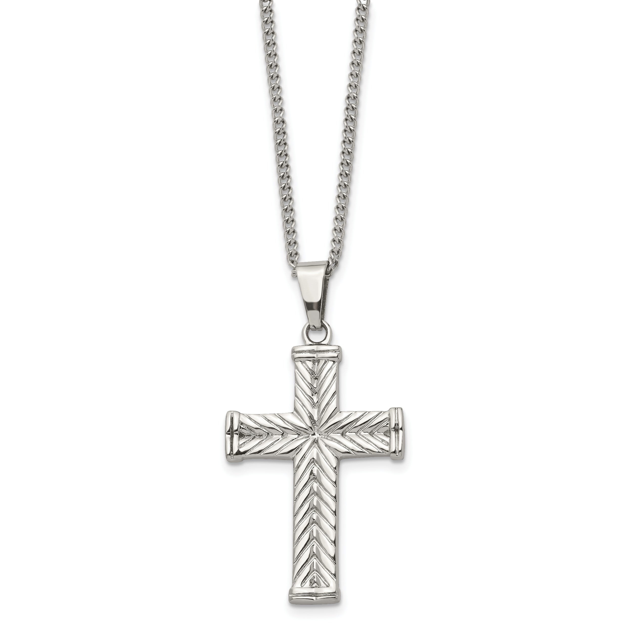 Chisel Stainless Steel Polished and Textured Cross Pendant on a 22 inch Curb Chain Necklace