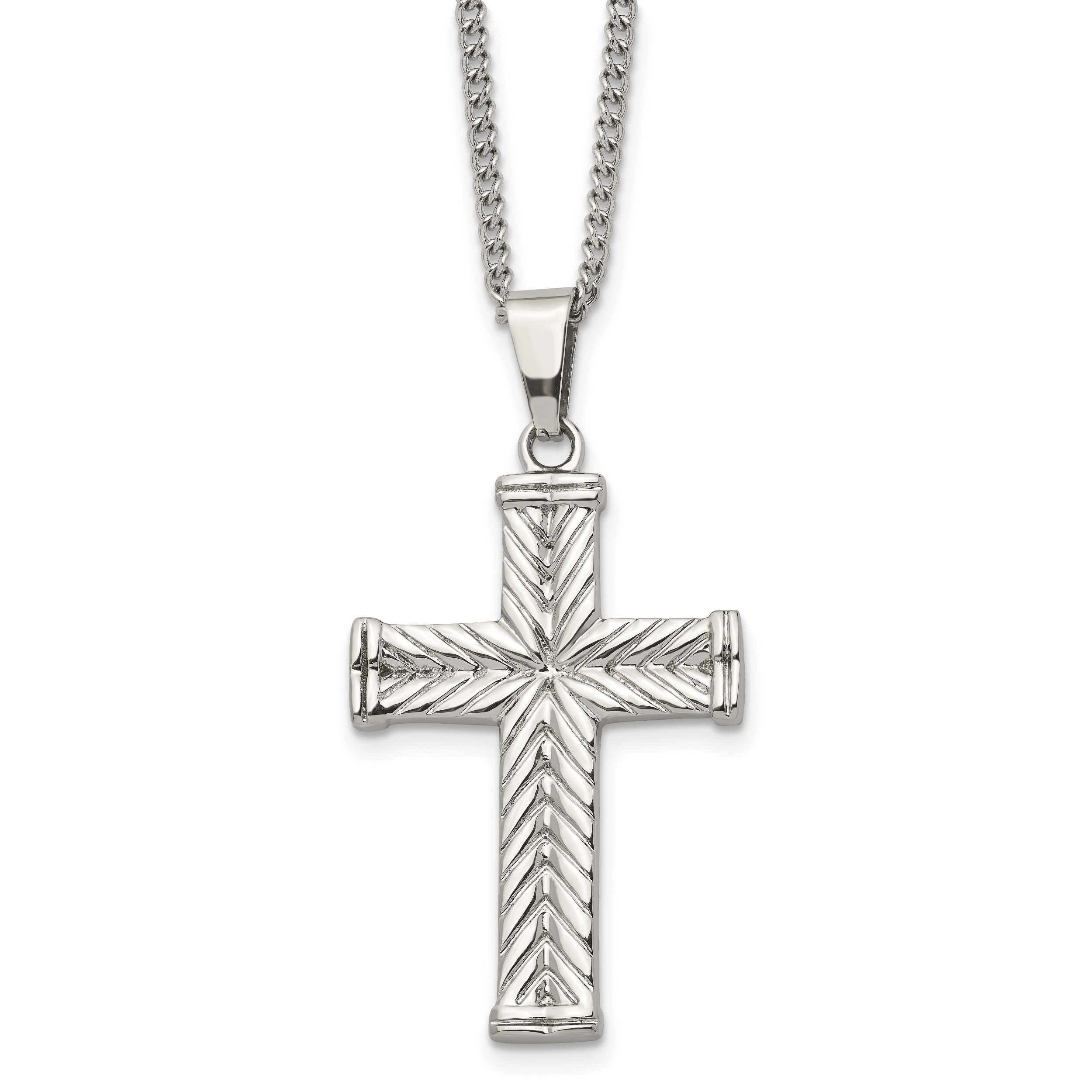 Chisel Stainless Steel Polished and Textured Cross Pendant on a 22 inch Curb Chain Necklace Main image