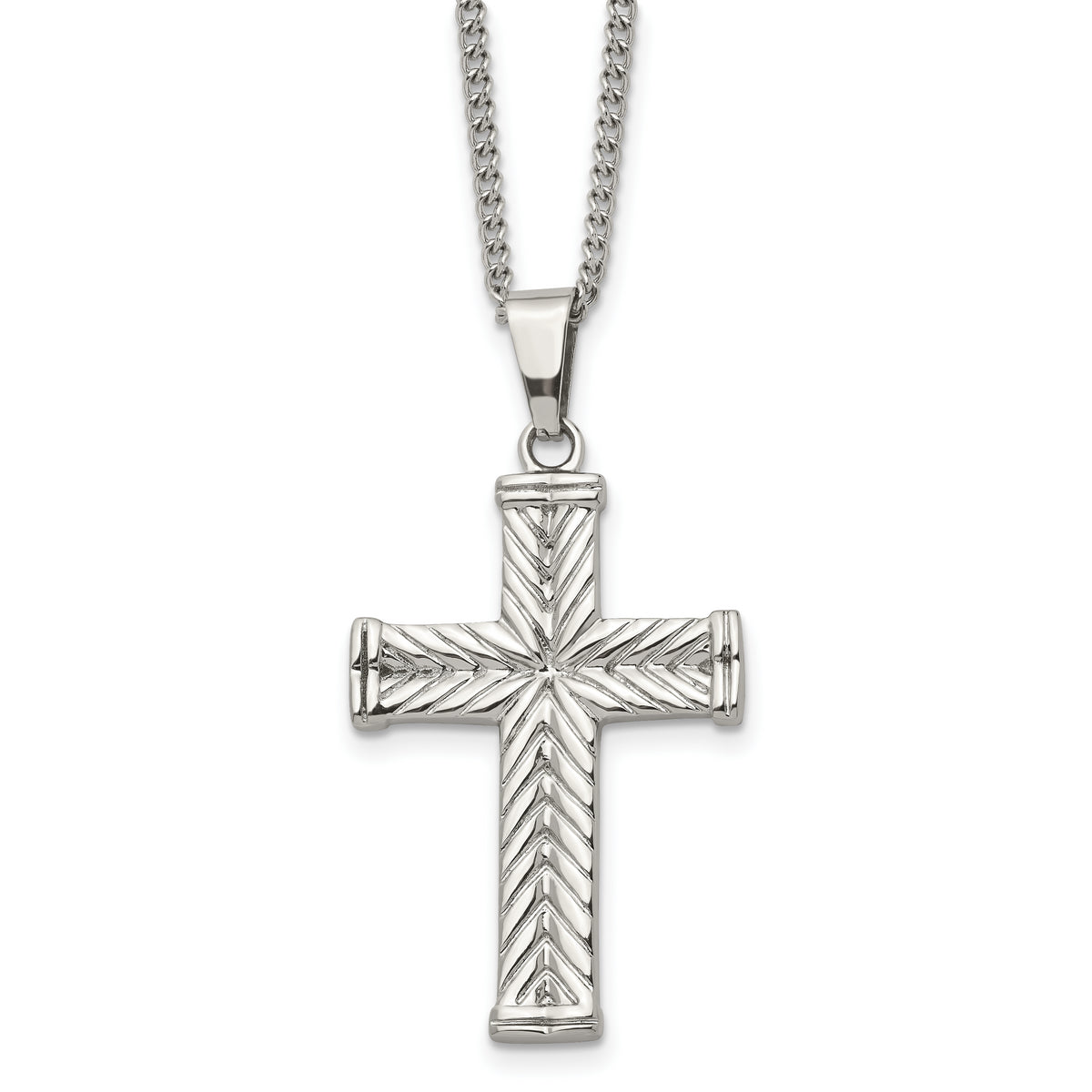 Chisel Stainless Steel Polished and Textured Cross Pendant on a 22 inch Curb Chain Necklace