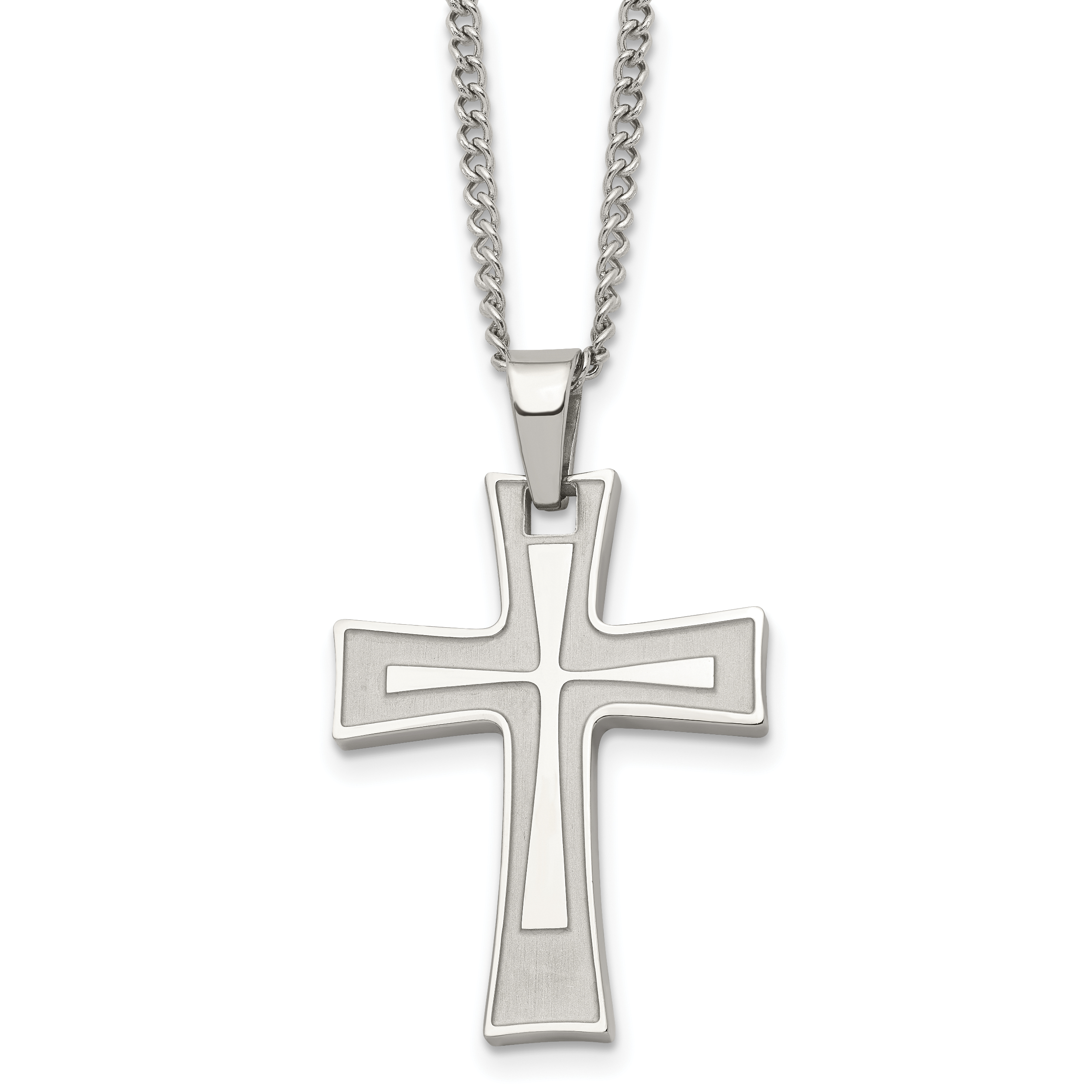 Chisel Stainless Steel Brushed and Polished Cross Pendant on a 24 inch Cable Chain Necklace Main image