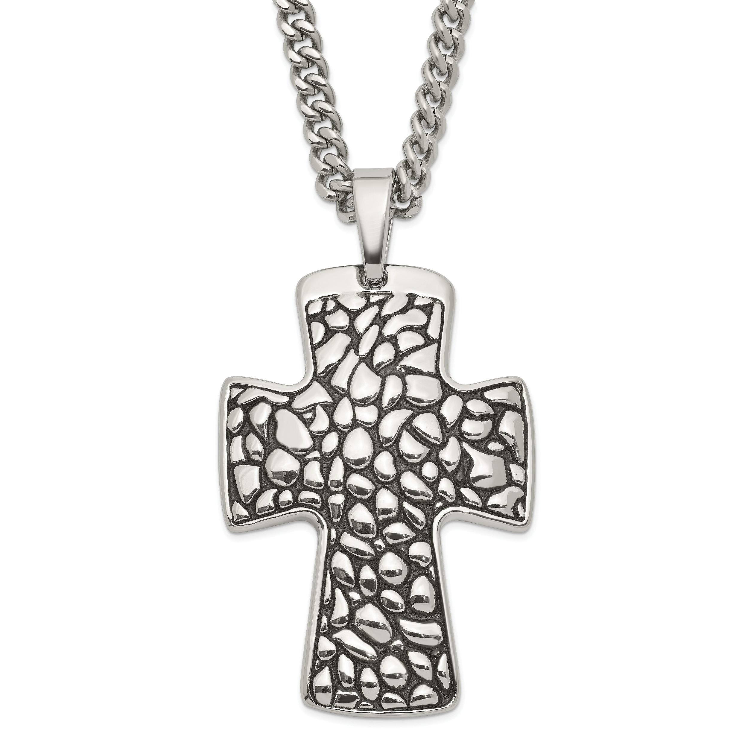 Stainless Steel Black Enamel Pebble Textured Cross Pendant Necklace Main image