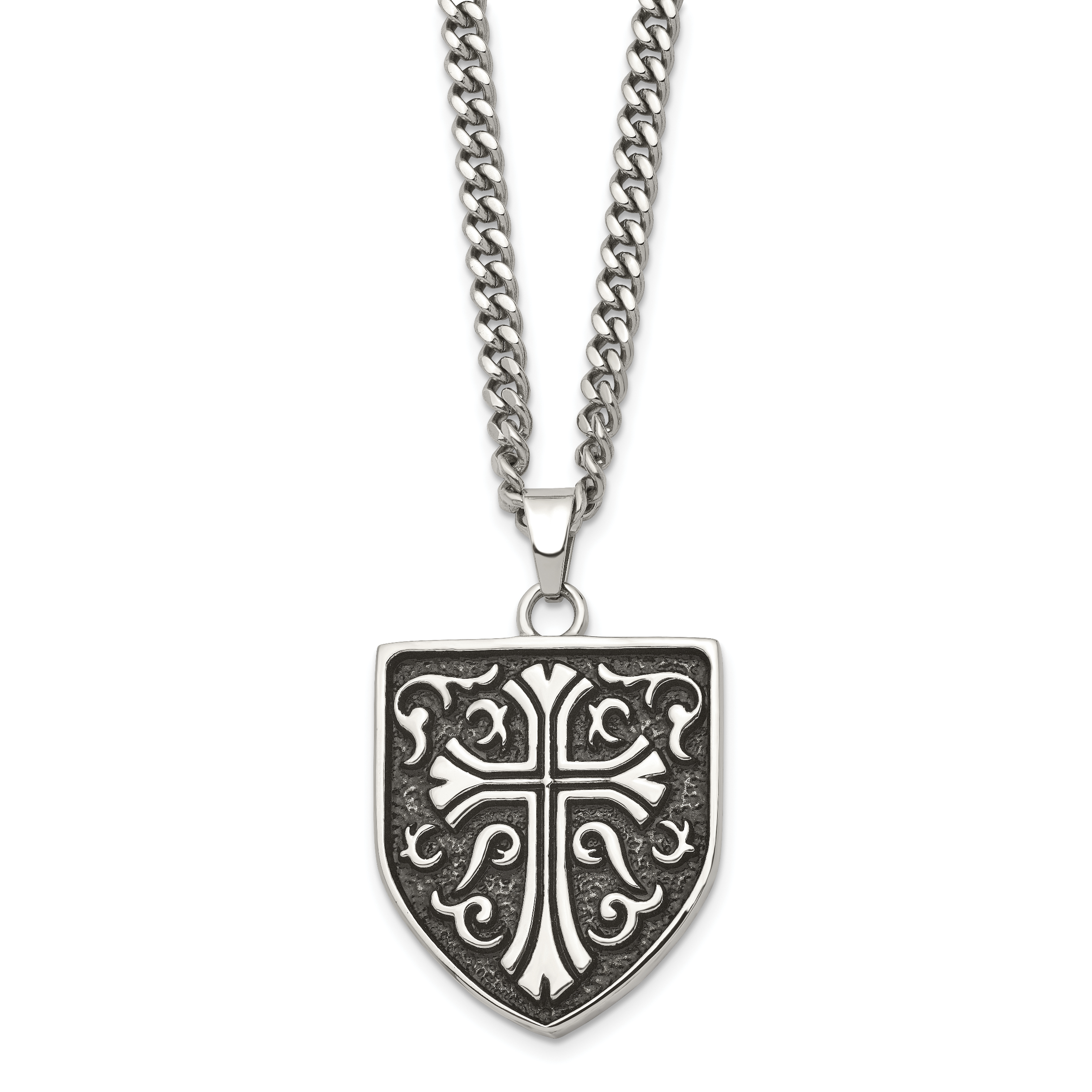 Chisel Stainless Steel Antiqued Polished and Textured Cross Shield Pendant on a 24 inch Curb Chain Necklace Main image