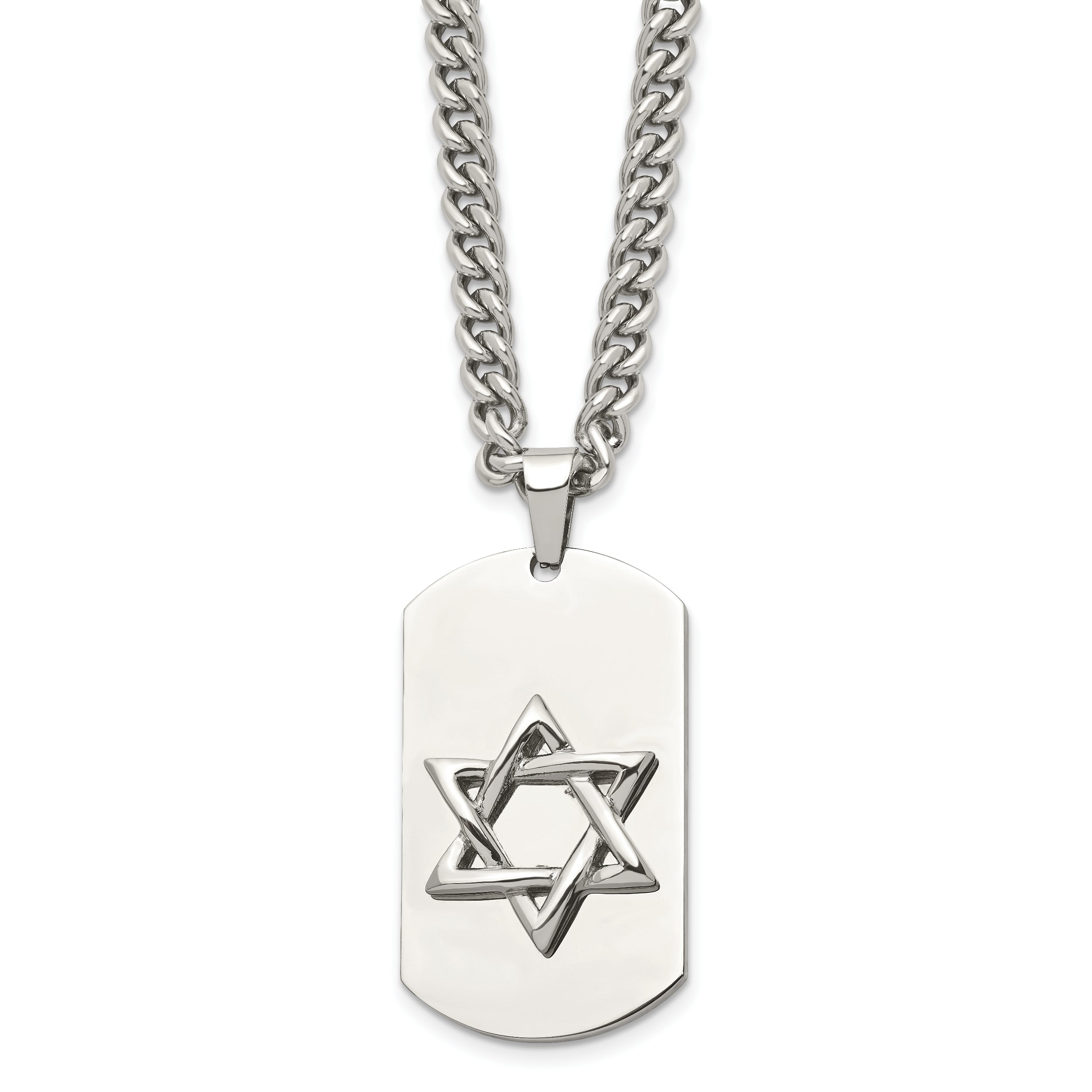 Chisel Stainless Steel Polished Star of David Dog Tag on a 24 inch Curb Chain Necklace