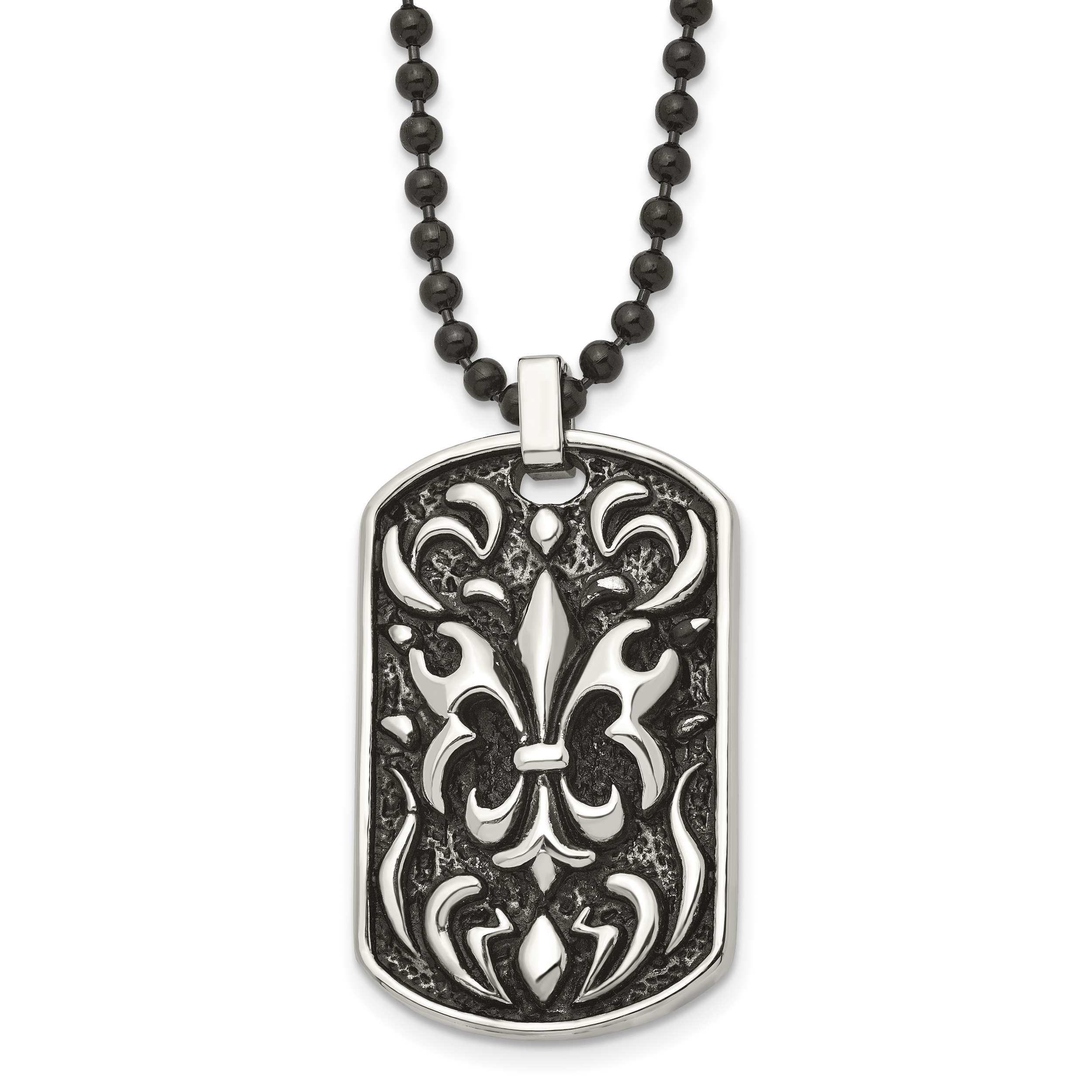 Stainless Steel Antiqued and Polished Black IP Fleur de lis Dog Tag Necklac Main image