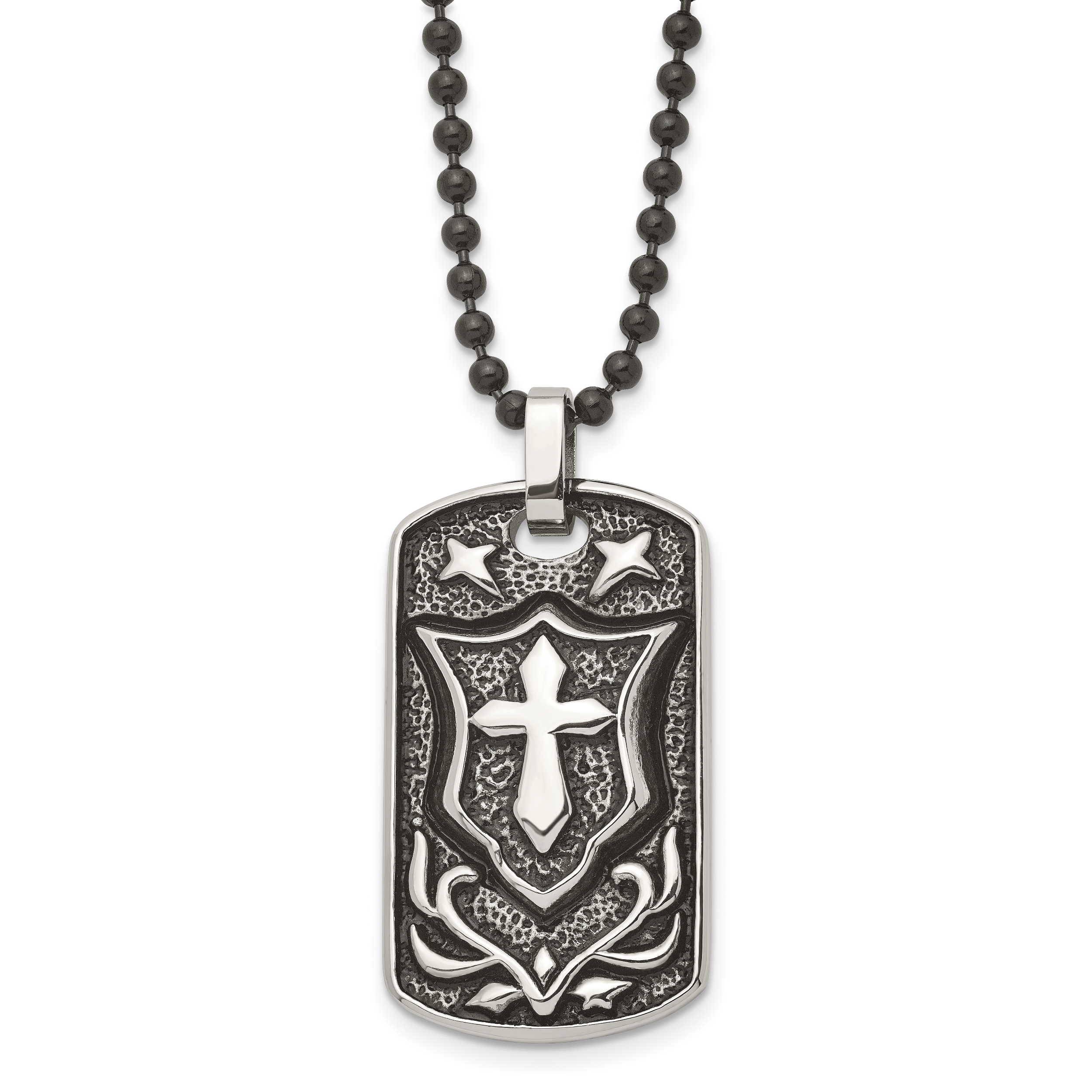 Chisel Stainless Steel Antiqued Polished and Textured Cross Dog Tag on a 24 inch Ball Chain Necklace Main image
