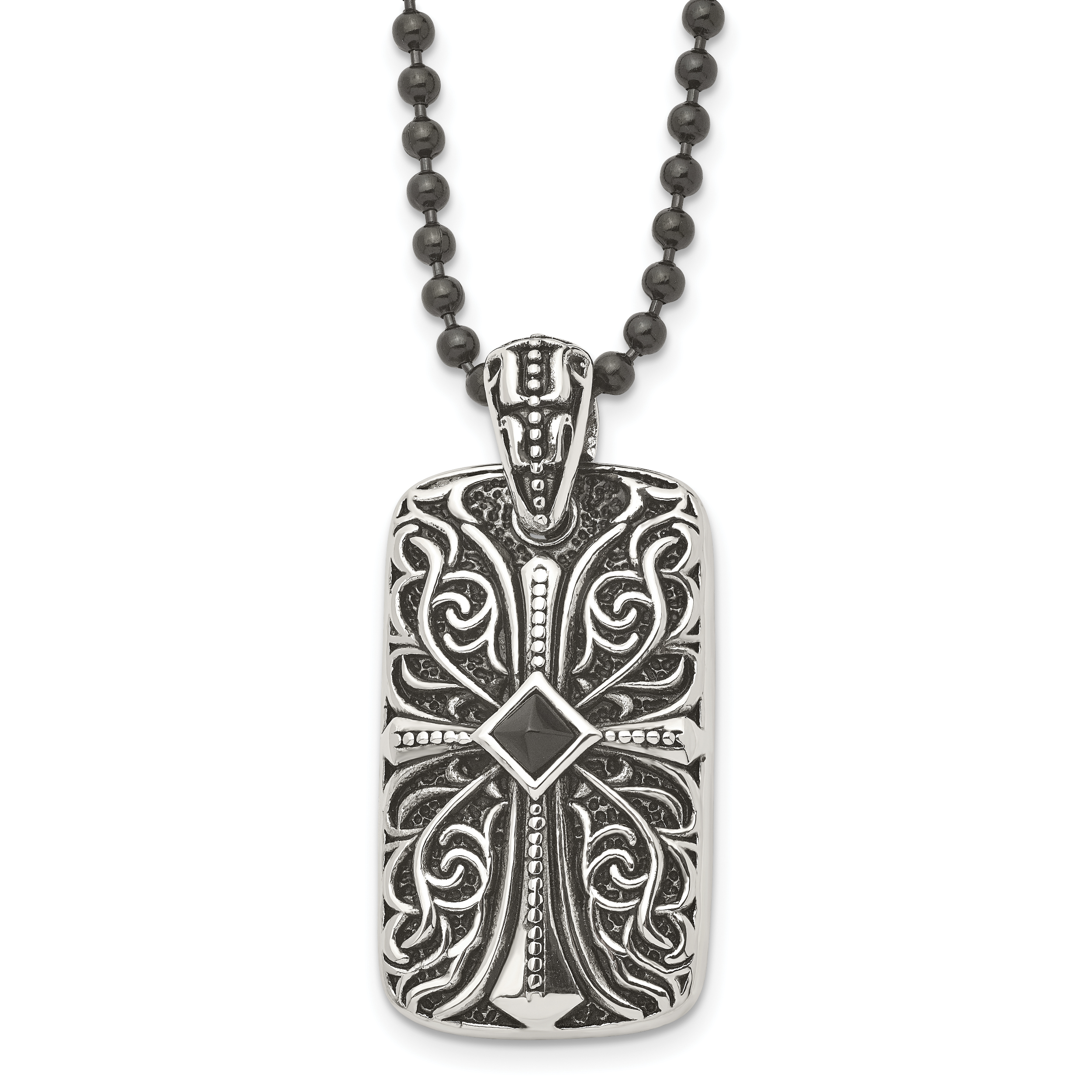 Stainless Steel Antiqued and Polished w/Black Agate Cross DogTag 30in Neckl Main image