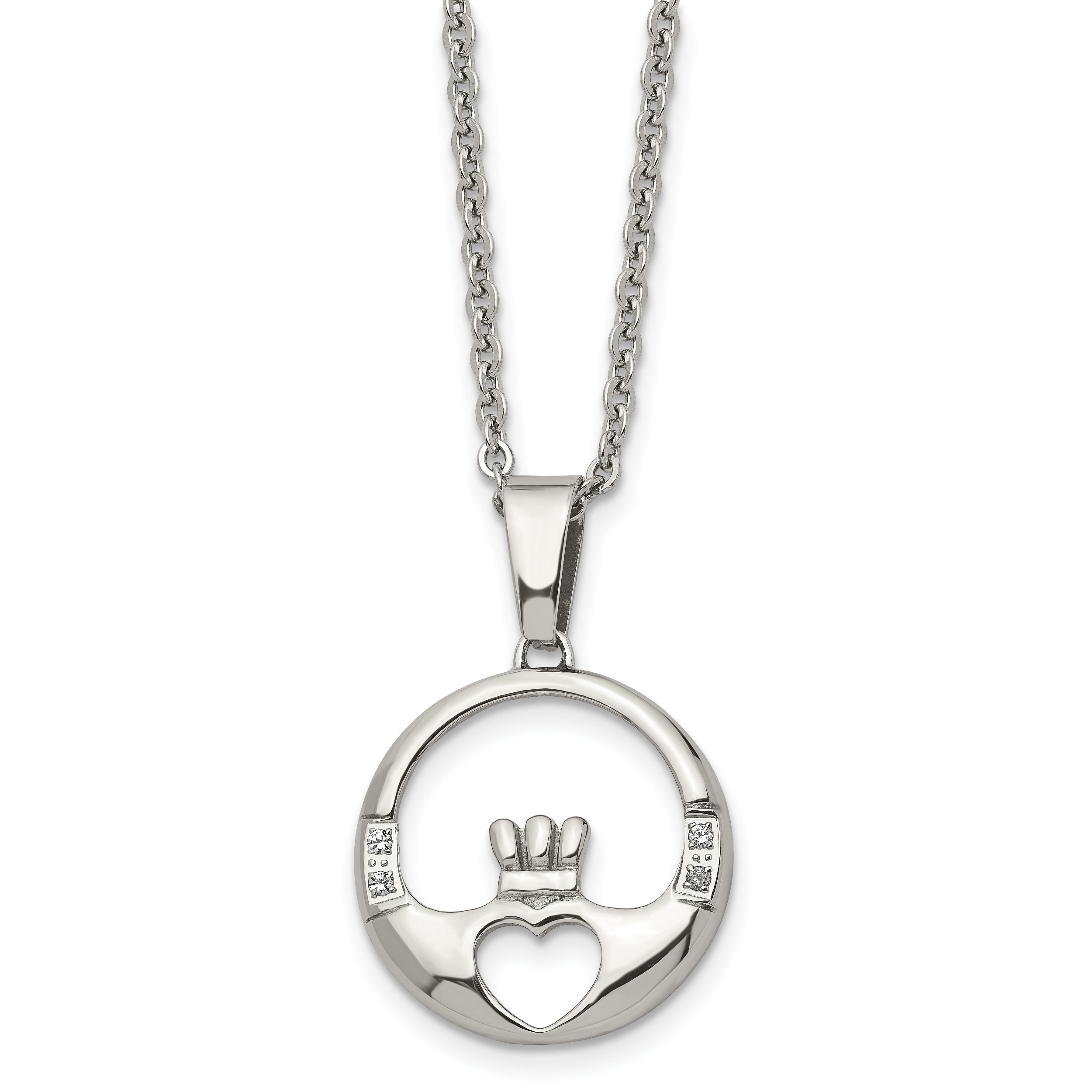 Chisel Stainless Steel Polished with CZ Claddagh Pendant on a 20 inch Cable Chain Necklace Main image