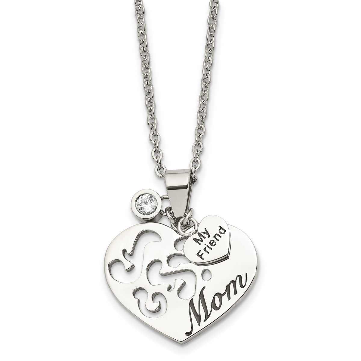 Chsiel Stainless Steel Antiqued Polished and Enameled MOM MY FRIEND with CZ Heart Pendant on a 24 inch Cable Chain Necklace