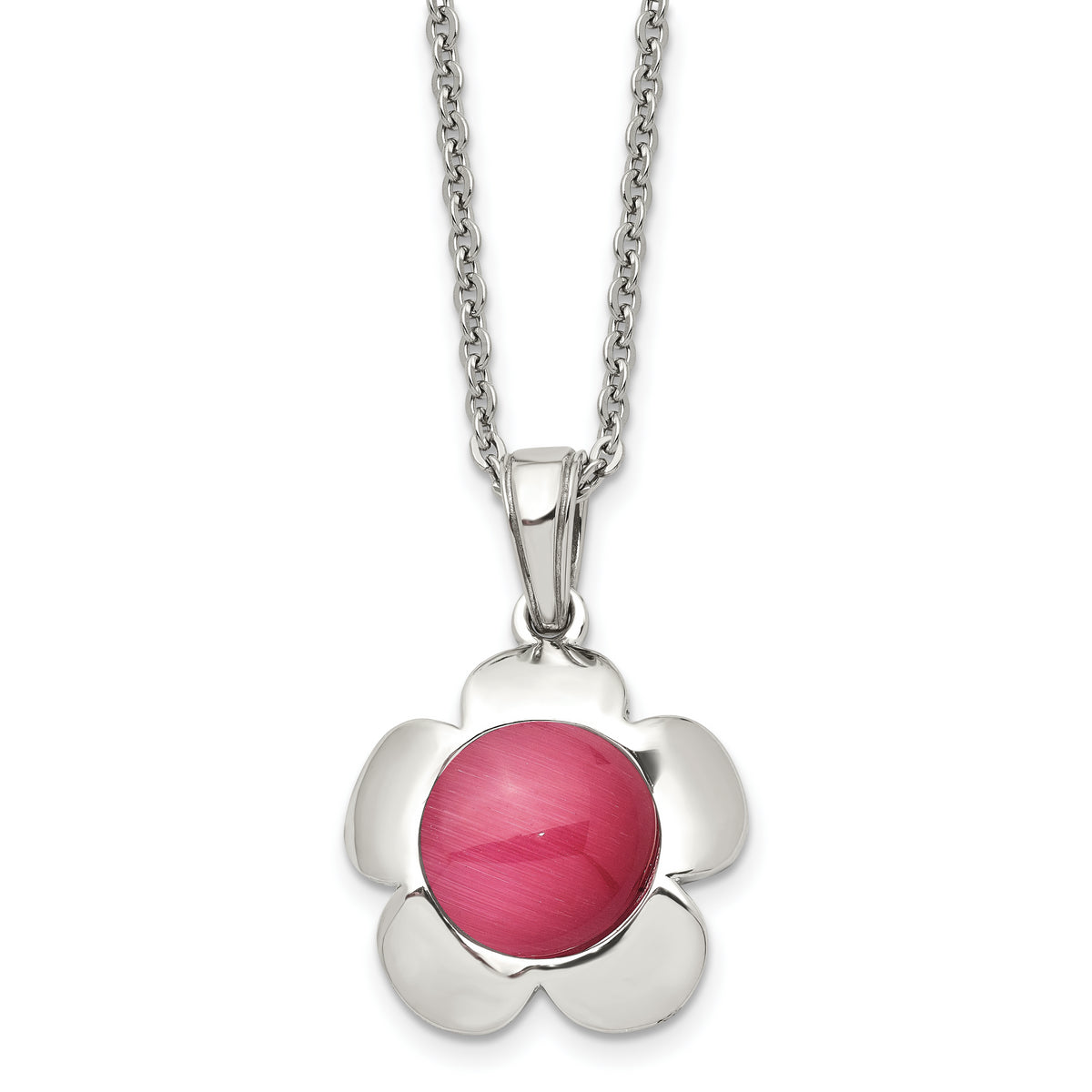 Chisel Stainless Steel Polished Flower with Pink Cat's Eye Pendant on an 18 inch Cable Chain Necklace