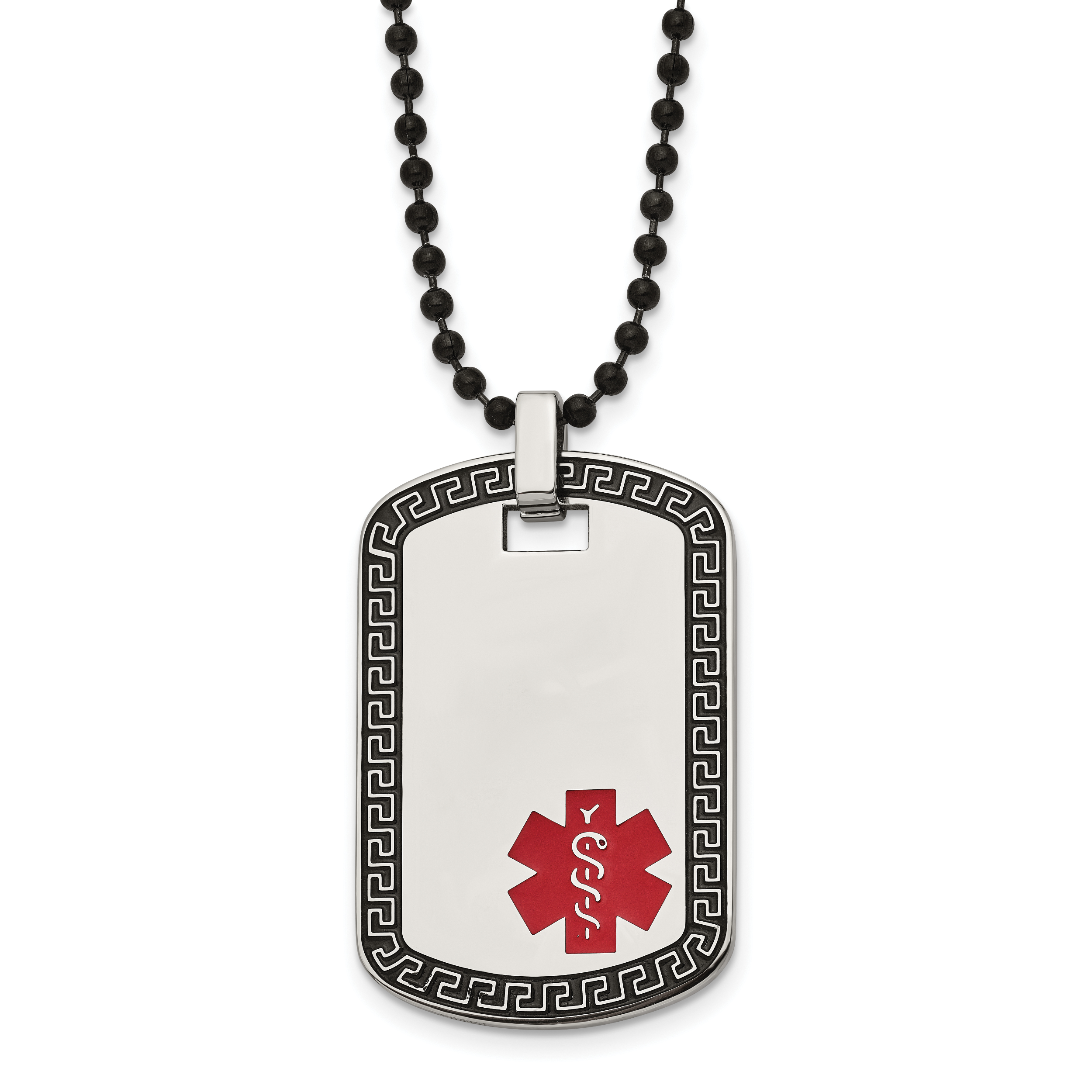 Chisel Stainless Steel Antiqued and Polished Greek Key Edge with Red Enamel Medical ID Dog Tag on a 30 inch Black IP-plated Ball Chain Necklace Main image