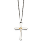 Chisel Stainless Steel Polished with 14k Gold Accent 1/15 carat Diamond Cross Pendant on a 22 inch Curb Chain Necklace