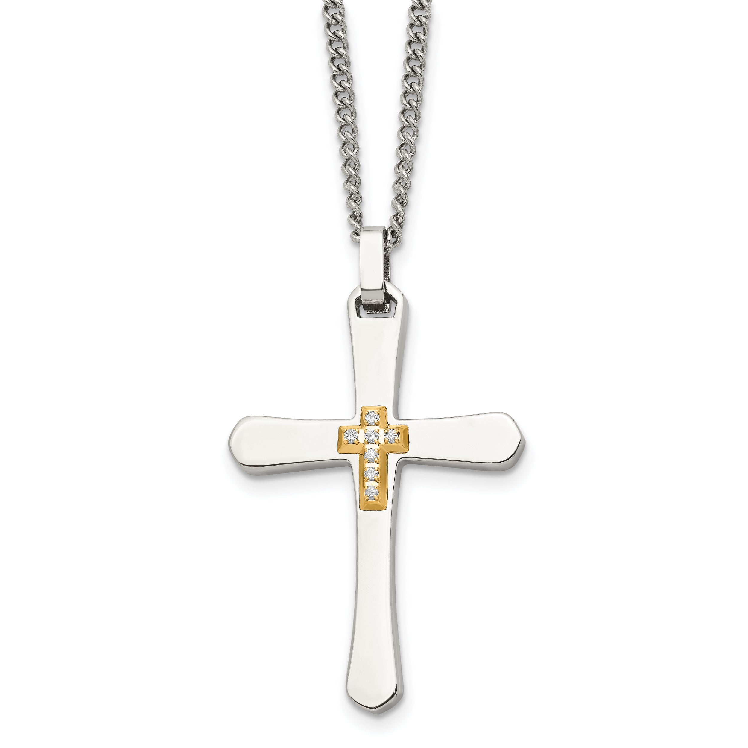 Chisel Stainless Steel Polished with 14k Gold Accent 1/15 carat Diamond Cross Pendant on a 22 inch Curb Chain Necklace