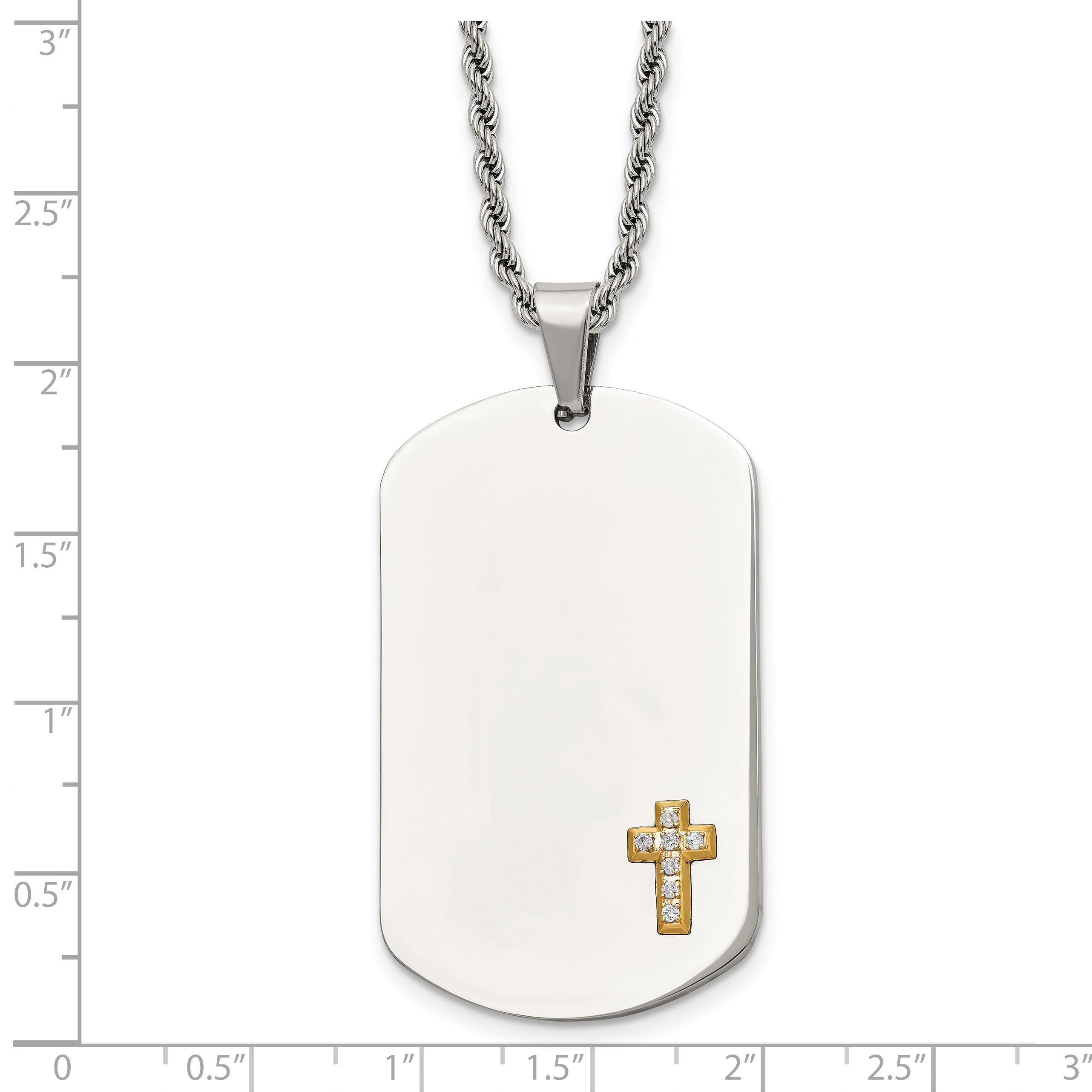 Chisel Stainless Steel Polished with 14k Gold Accent 1/15carat Diamond Cross Dog Tag on a 24 inch Rope Chain Necklace