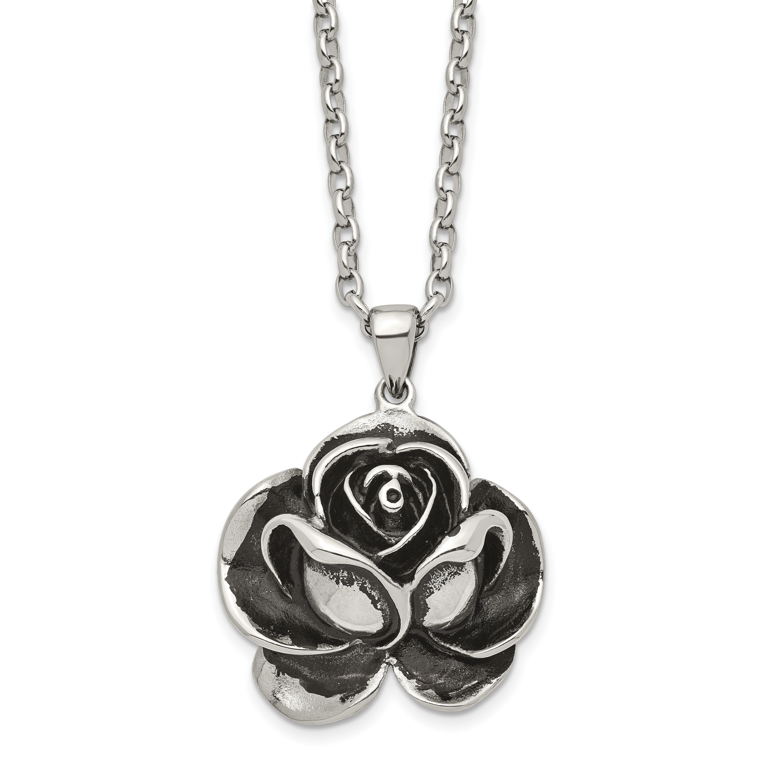 Chisel Stainless Steel Antiqued and Polished Flower Pendant on a 24 inch Cable Chain Necklace Main image
