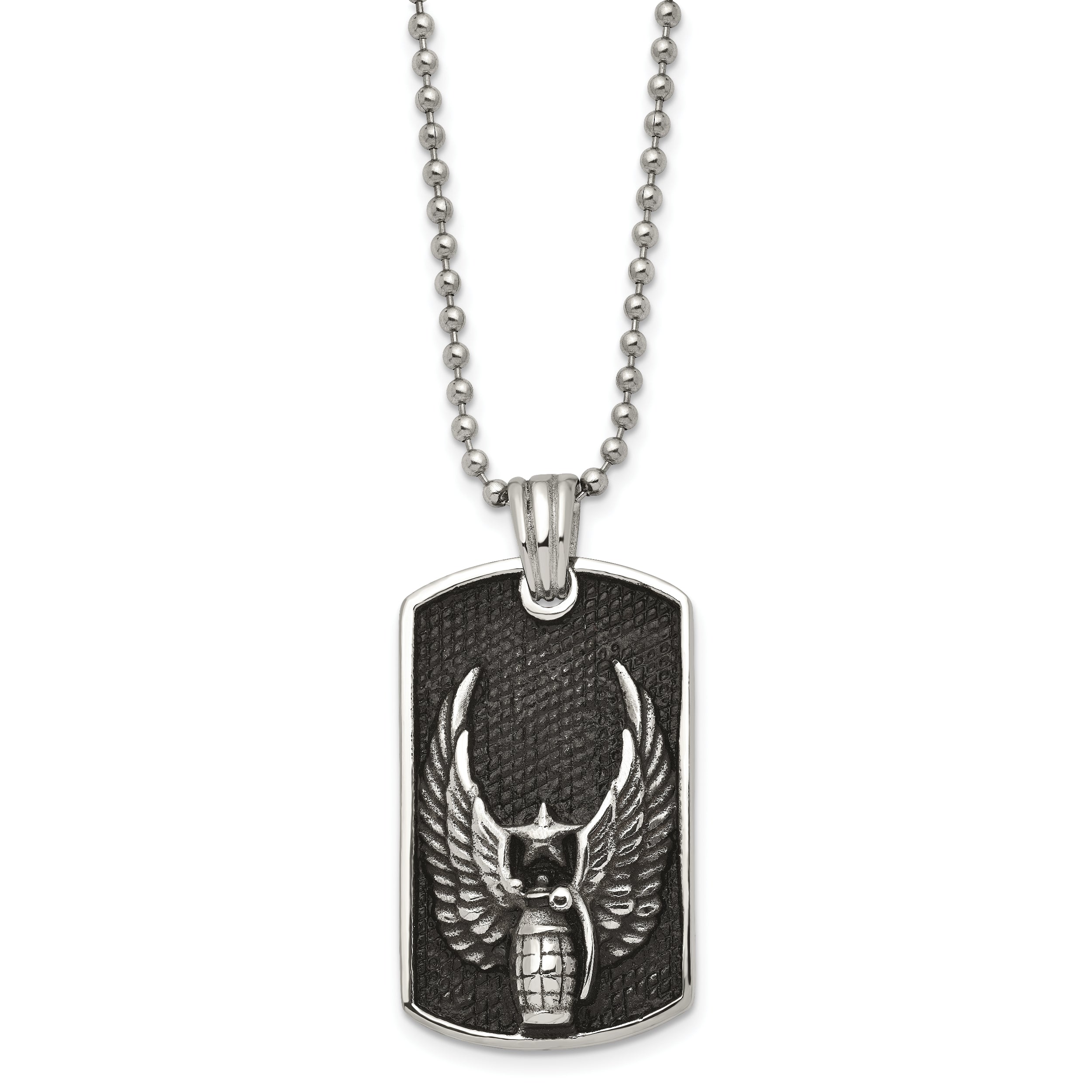 Chisel Stainless Steel Antiqued and Polished Black IP-plated Grenade with Wings Dog Tag on a 22 inch Ball Chain Necklace