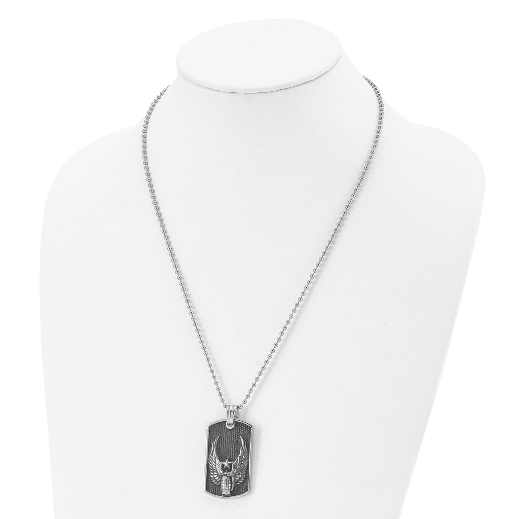 Chisel Stainless Steel Antiqued and Polished Black IP-plated Grenade with Wings Dog Tag on a 22 inch Ball Chain Necklace