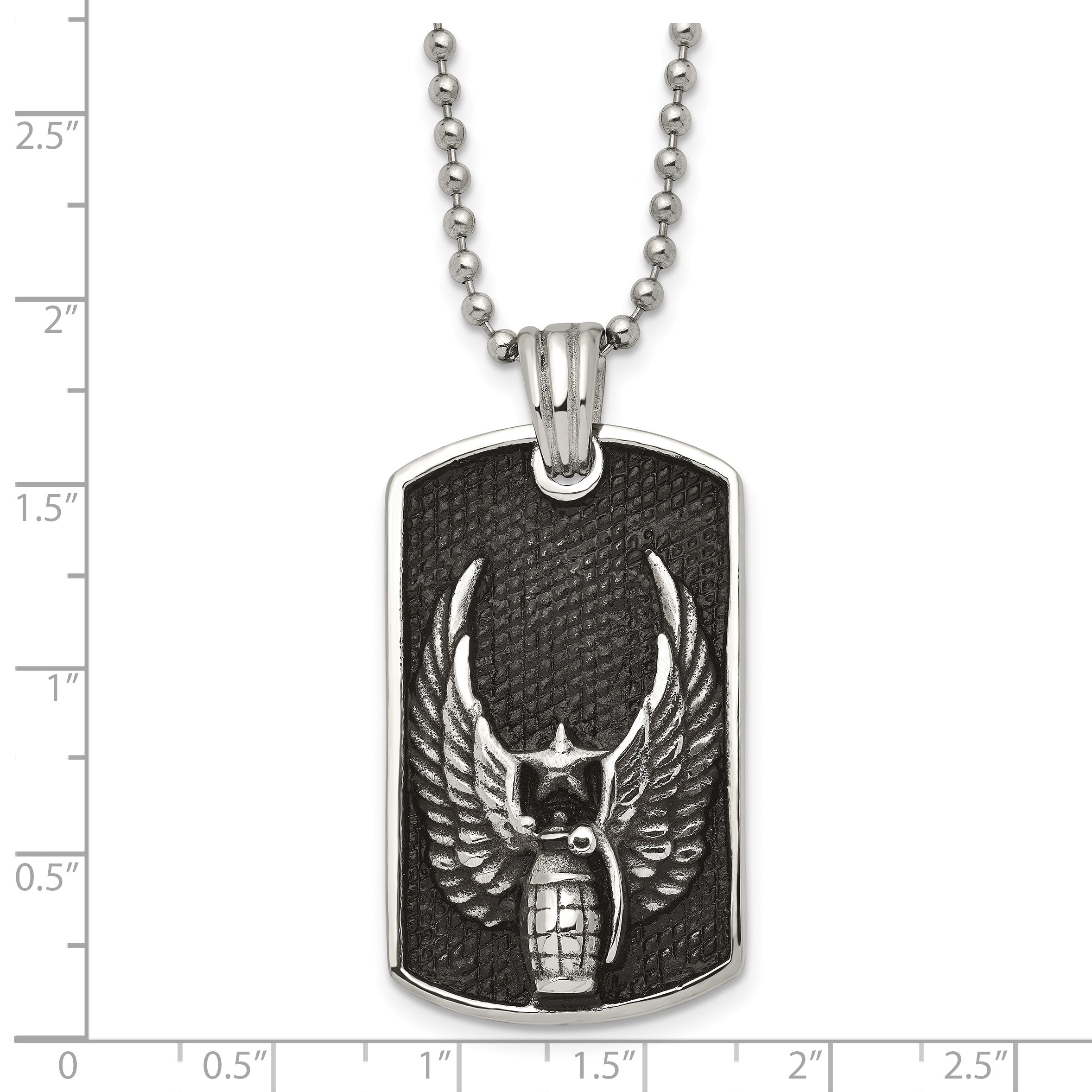 Chisel Stainless Steel Antiqued and Polished Black IP-plated Grenade with Wings Dog Tag on a 22 inch Ball Chain Necklace