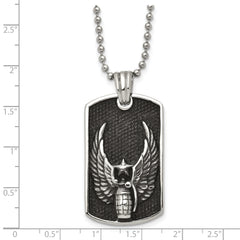 Chisel Stainless Steel Antiqued and Polished Black IP-plated Grenade with Wings Dog Tag on a 22 inch Ball Chain Necklace