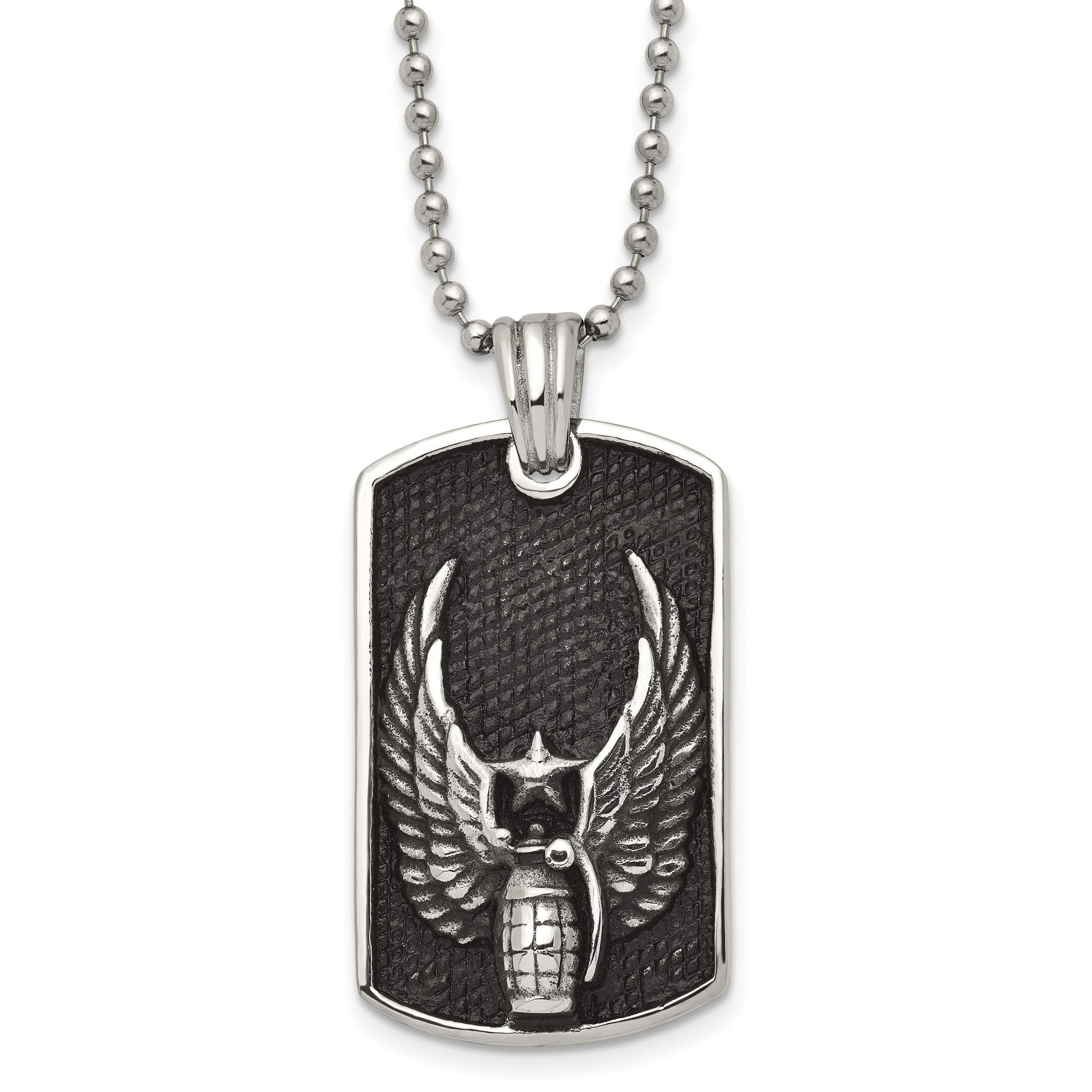 Chisel Stainless Steel Antiqued and Polished Black IP-plated Grenade with Wings Dog Tag on a 22 inch Ball Chain Necklace Main image
