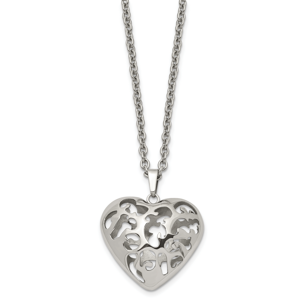 Filigree Puffed Heart Necklace in Stainless Steel, 20in
