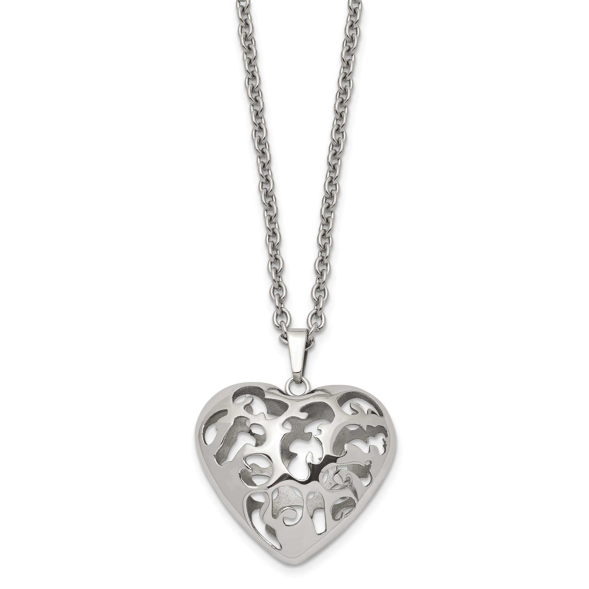 Filigree Puffed Heart Necklace in Stainless Steel, 20in