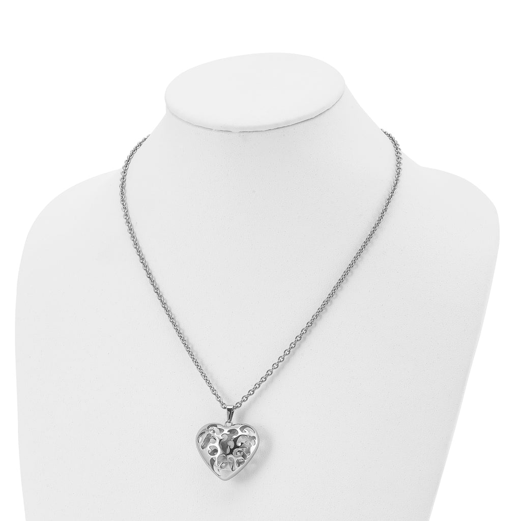Filigree Puffed Heart Necklace in Stainless Steel, 20in