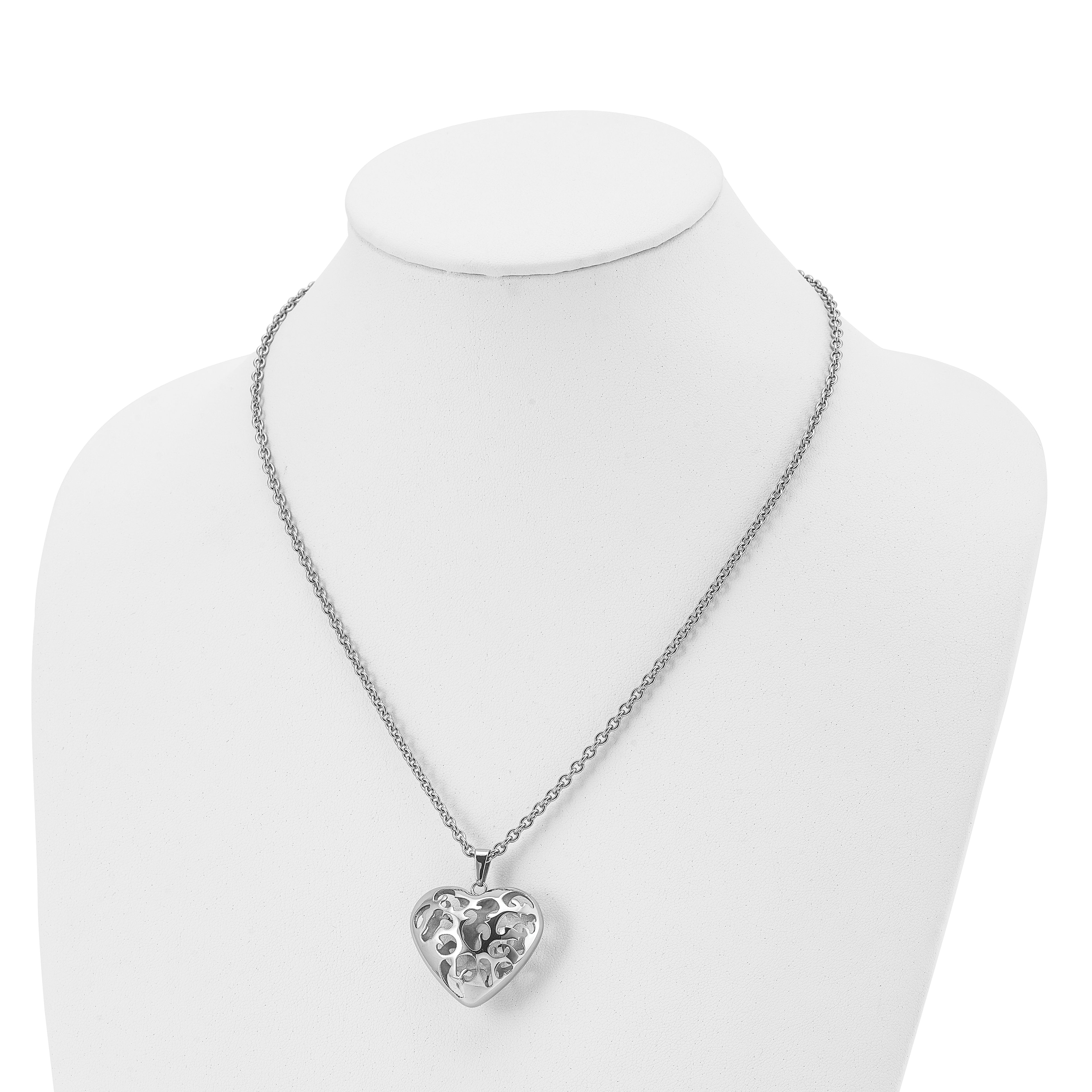 Filigree Puffed Heart Necklace in Stainless Steel, 20in