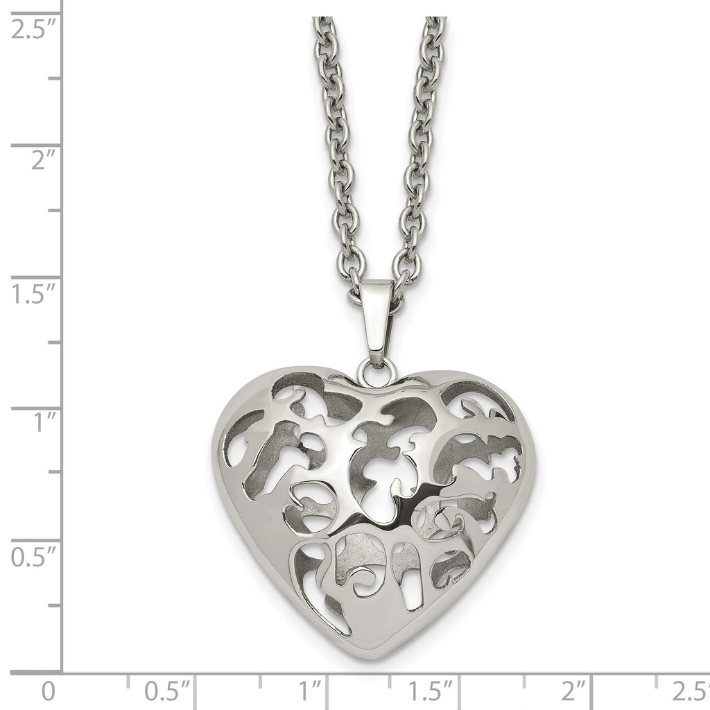 Filigree Puffed Heart Necklace in Stainless Steel, 20in