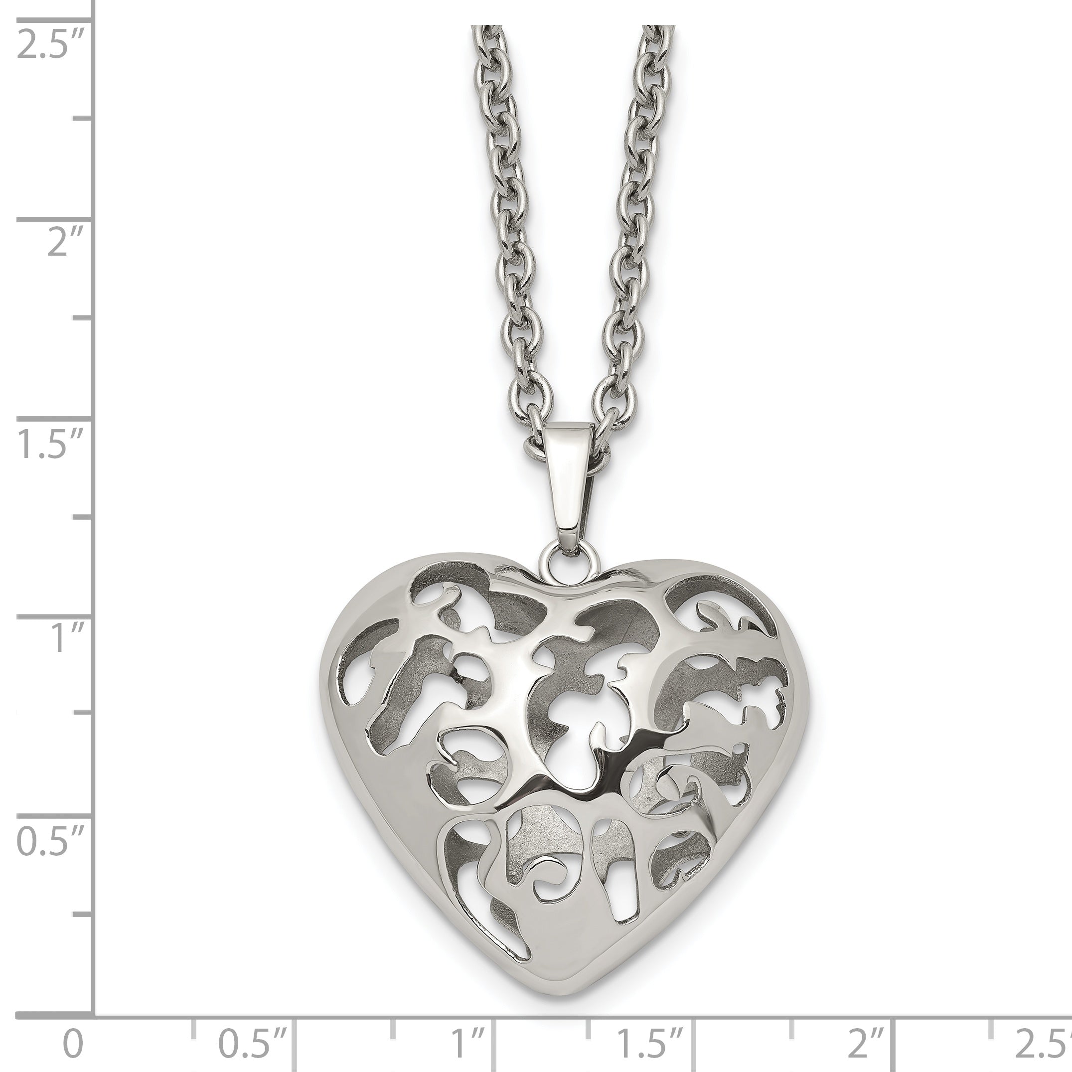 Filigree Puffed Heart Necklace in Stainless Steel, 20in