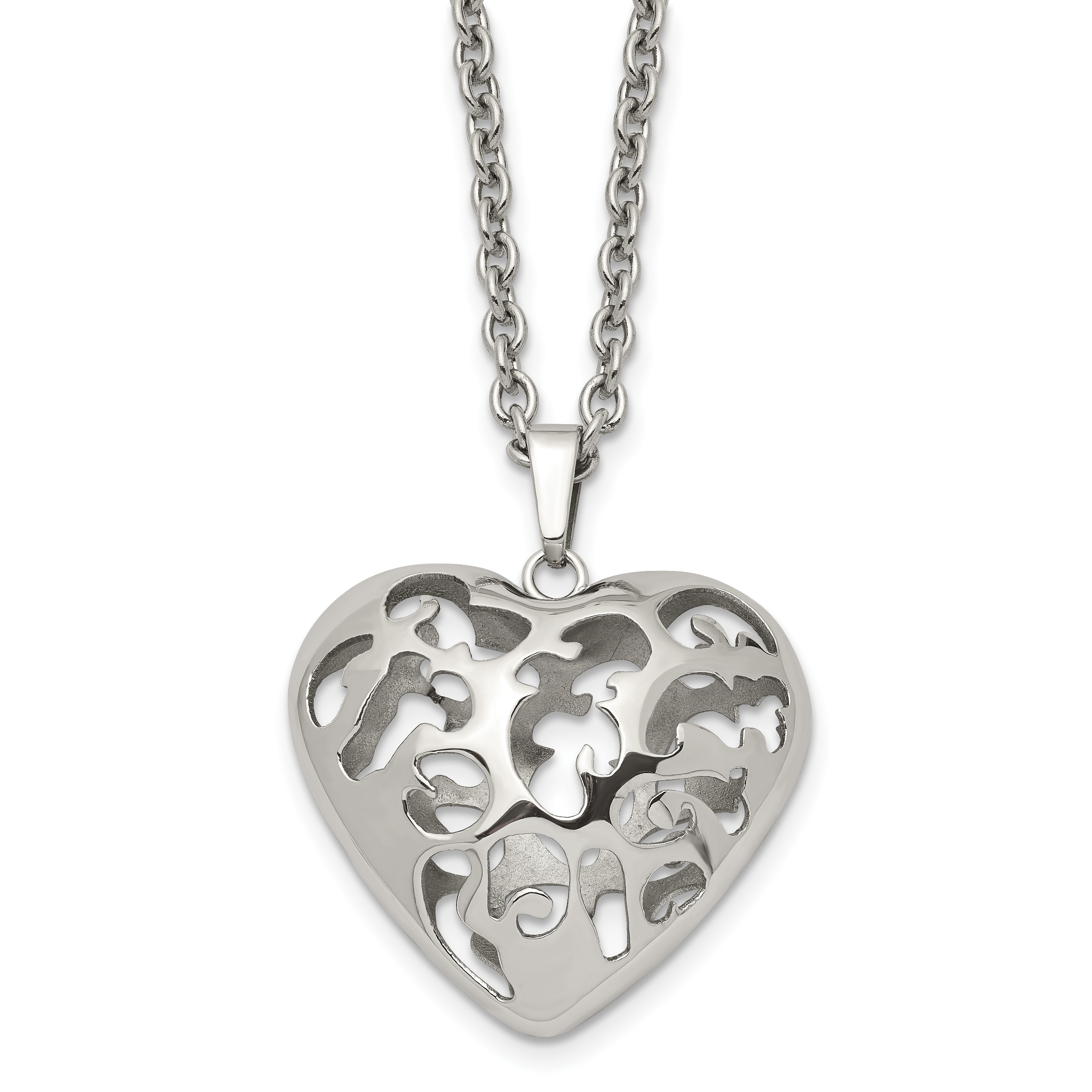 Stainless Steel Polished Filigree Puffed Heart 20in Necklace Main image