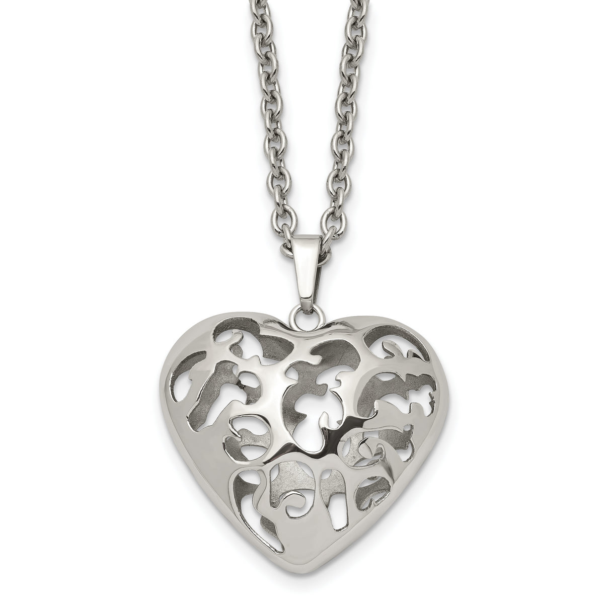 Stainless Steel Polished Filigree Puffed Heart 20in Necklace