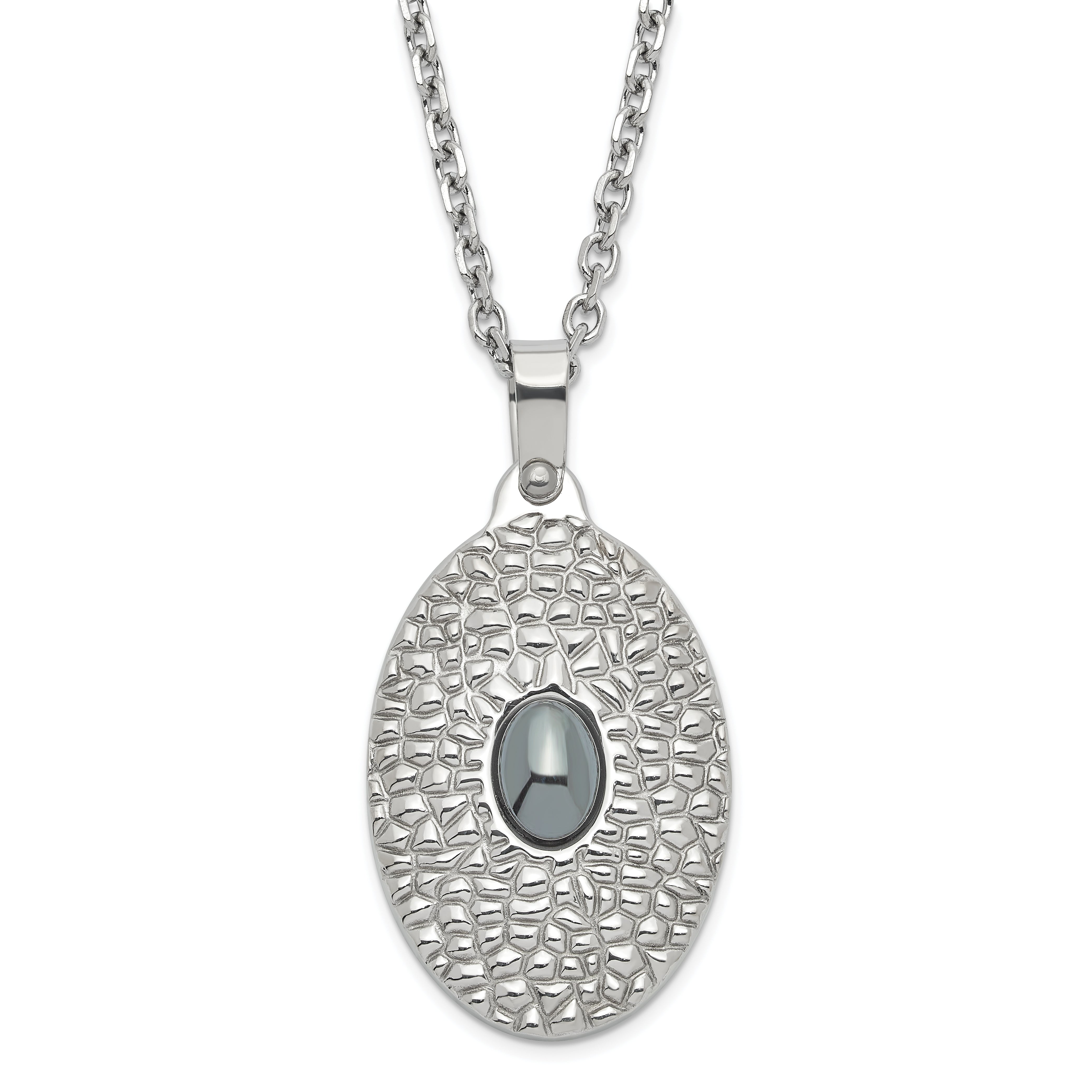 Stainless Steel Textured Hematite Oval Necklace