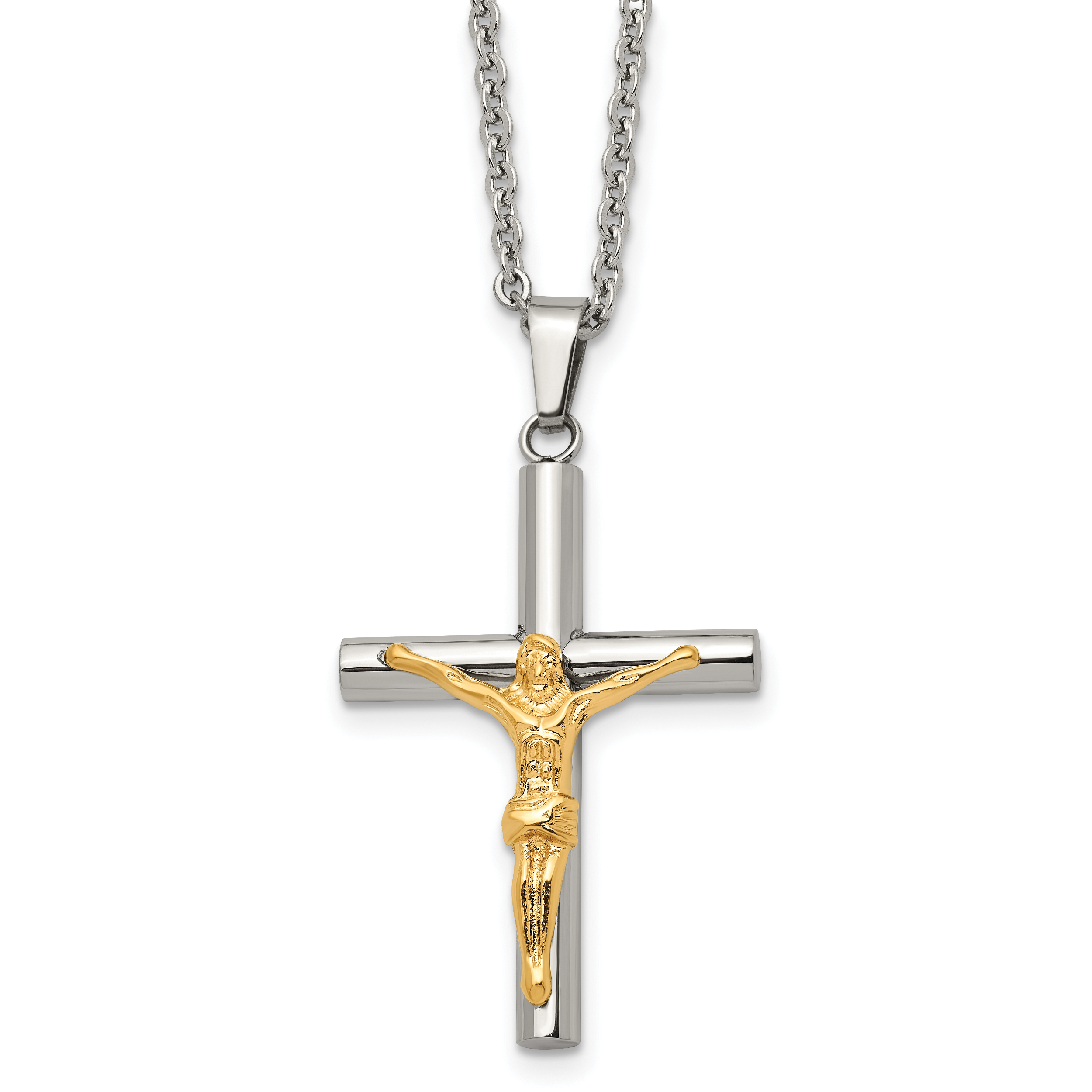 Chisel Stainless Steel Polished Yellow IP-plated Crucifix Pendant on a 20 inch Cable Chain Necklace Main image