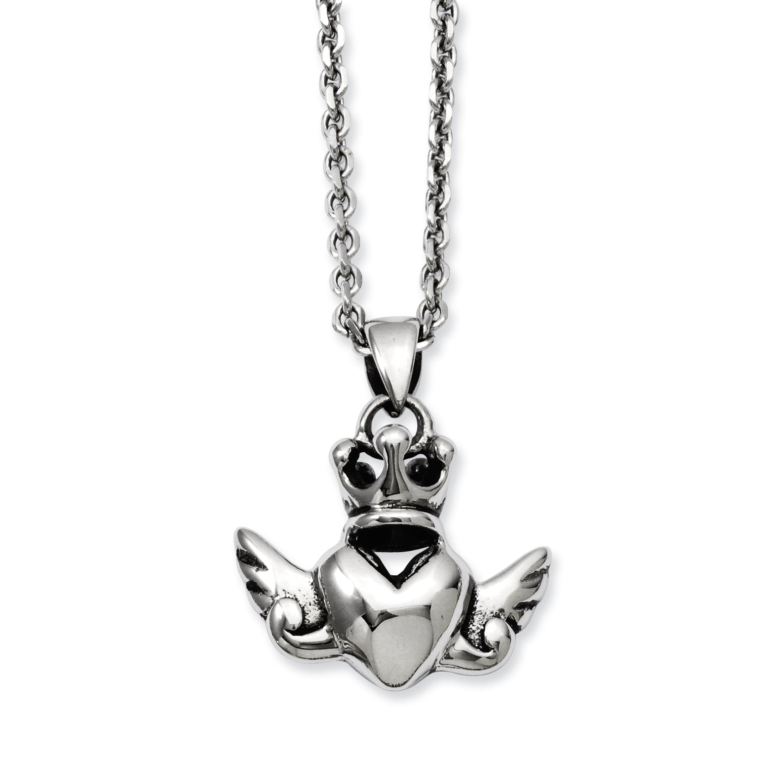 Stainless Steel Heart with Crown & Wings 20in w/ext Necklace Main image