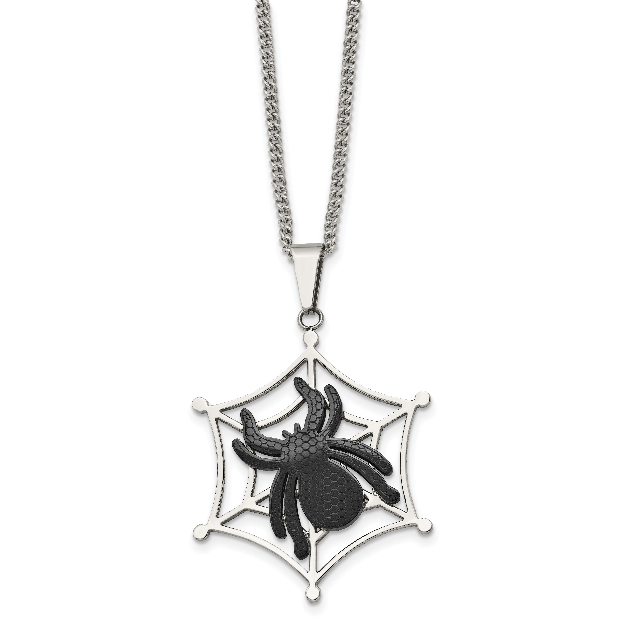 Stainless Steel Polished Black IP-plated Spider on Web 22in Necklace Main image