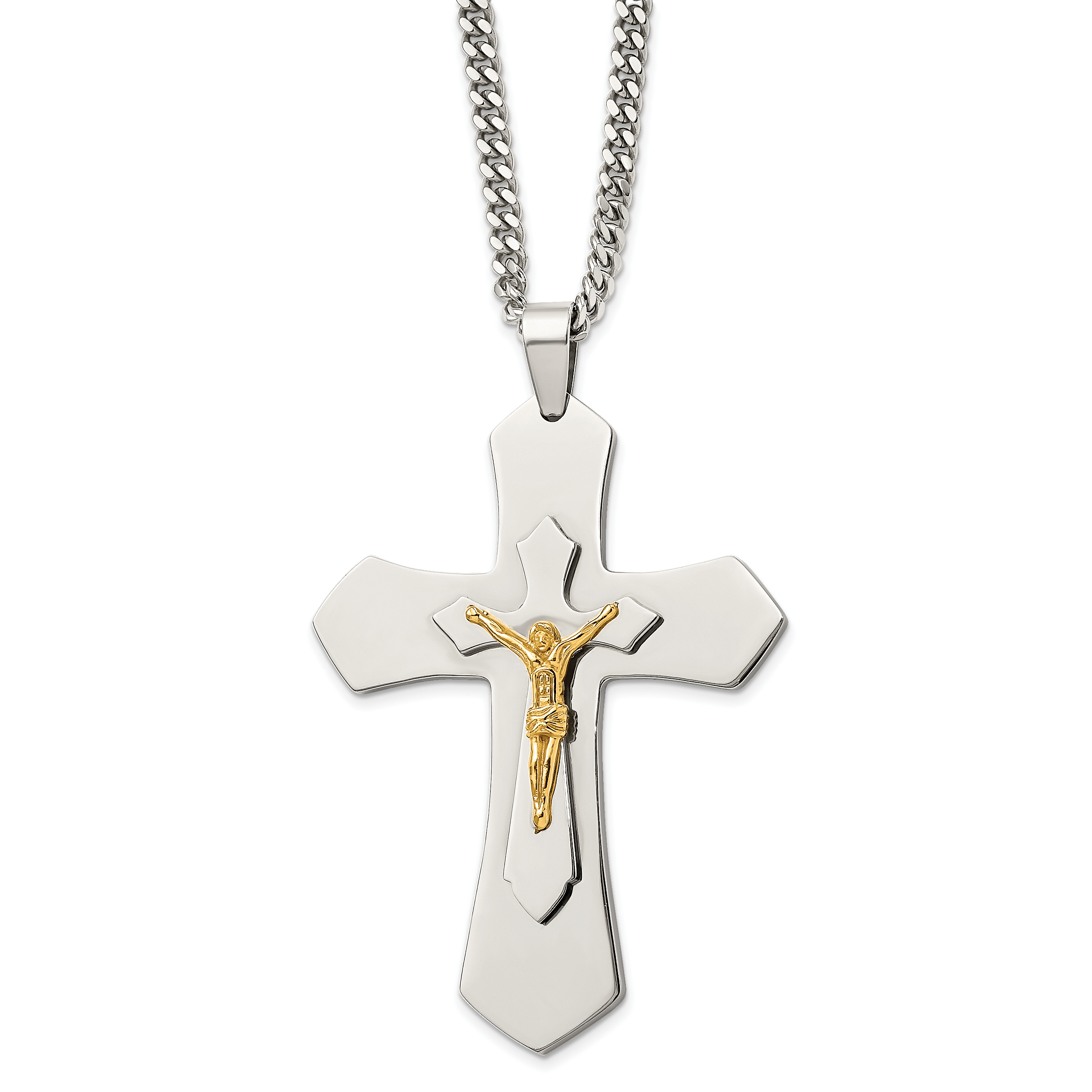 Chisel Stainless Steel Polished Yellow IP-plated Large Crucifix Pendant on a 24 inch Curb Chain Necklace Main image